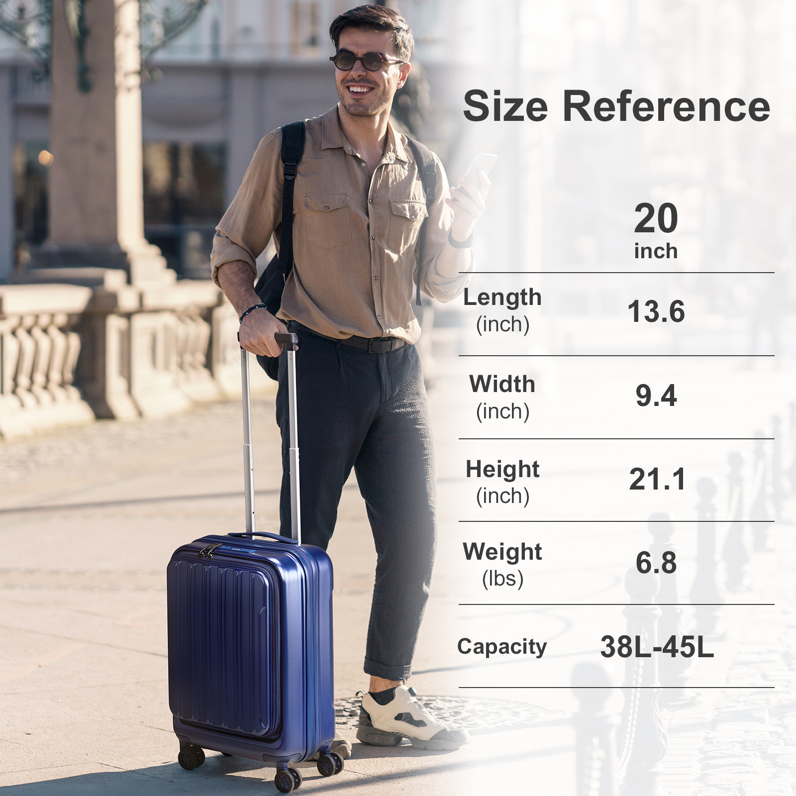20" Extensible Carry on Luggage USB Port PC+ABS Hard Shell Suitcase Front Pocket - Picture 45 of 58