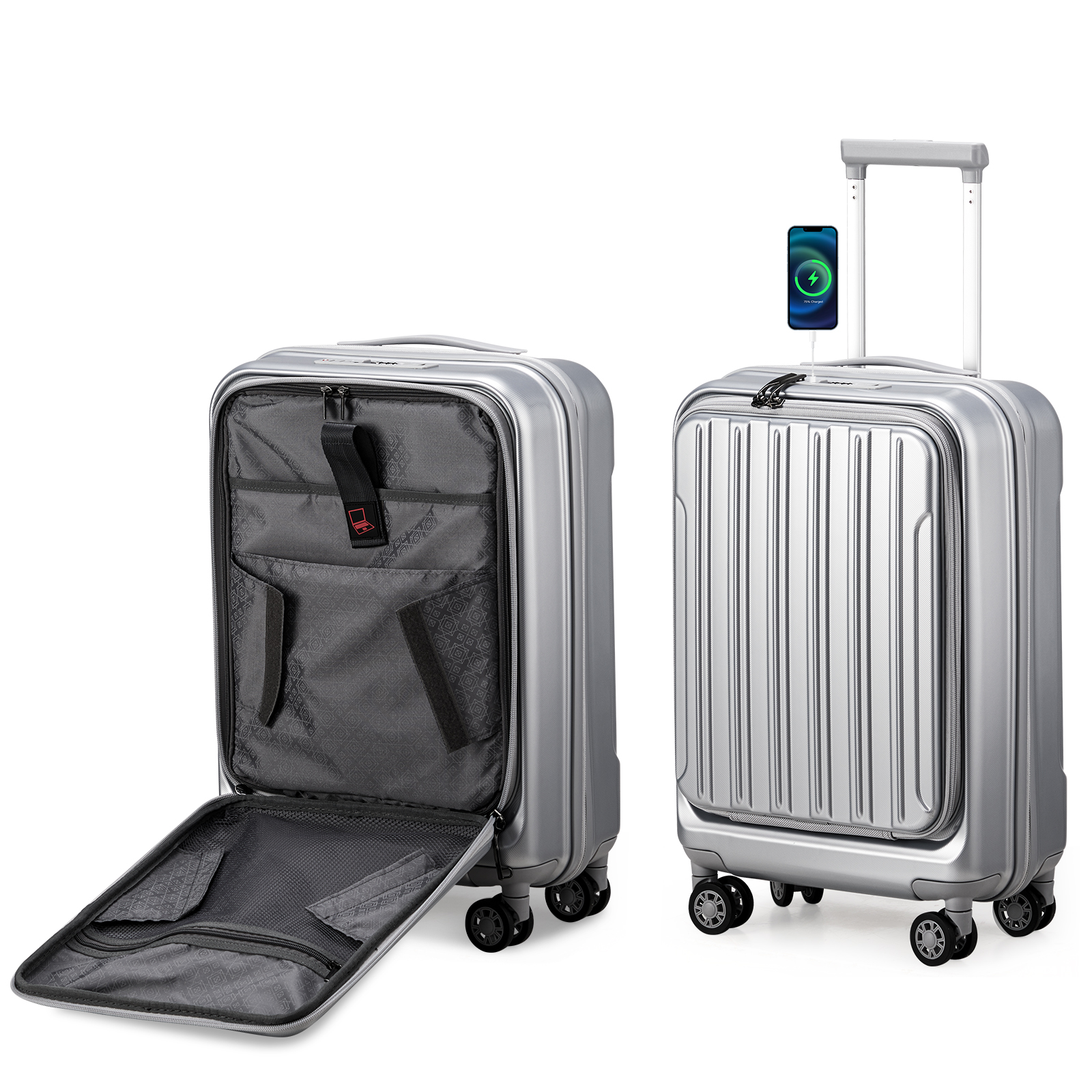 20" Extensible Carry on Luggage USB Port PC+ABS Hard Shell Suitcase Front Pocket - Picture 47 of 58