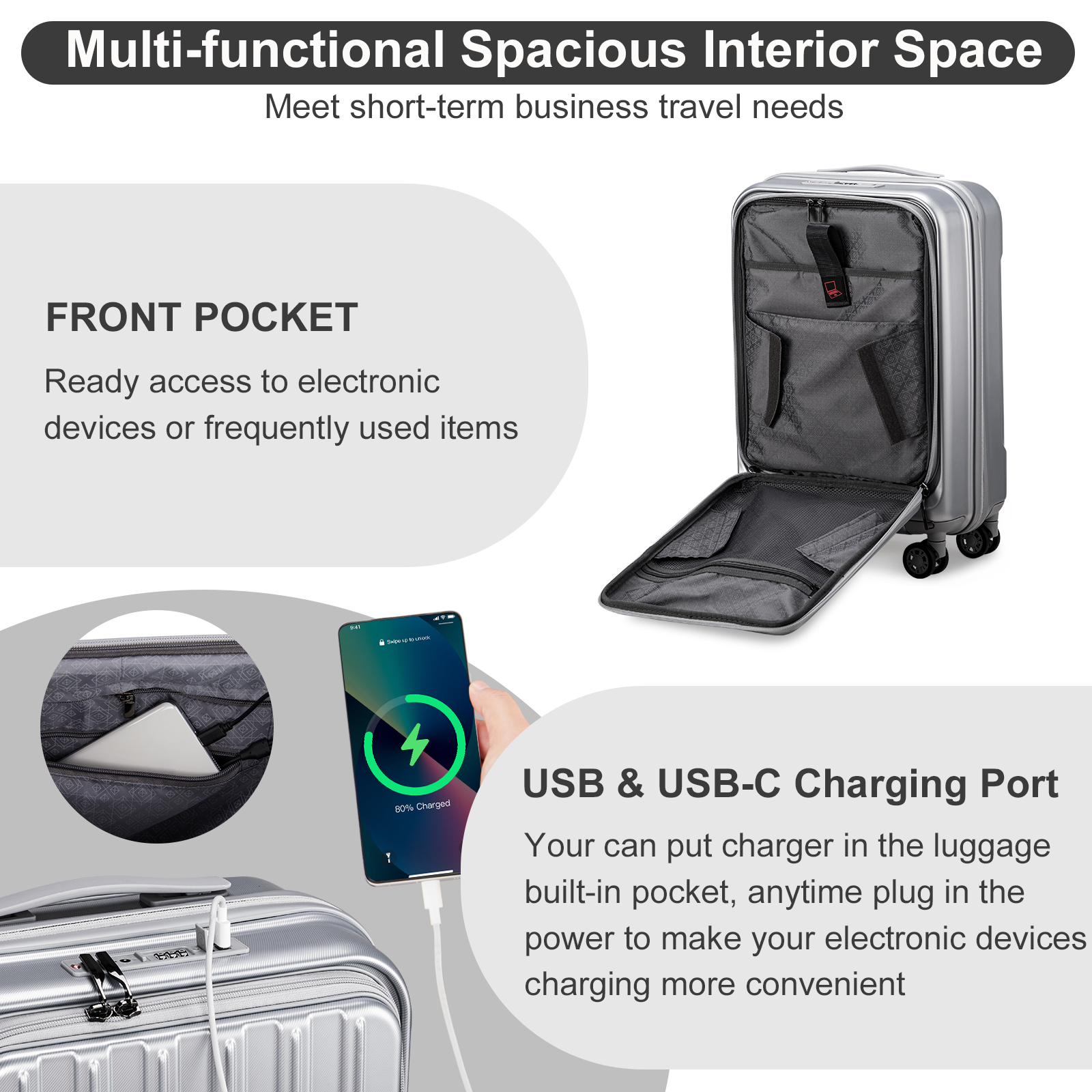 20" Extensible Carry on Luggage USB Port PC+ABS Hard Shell Suitcase Front Pocket - Picture 50 of 58