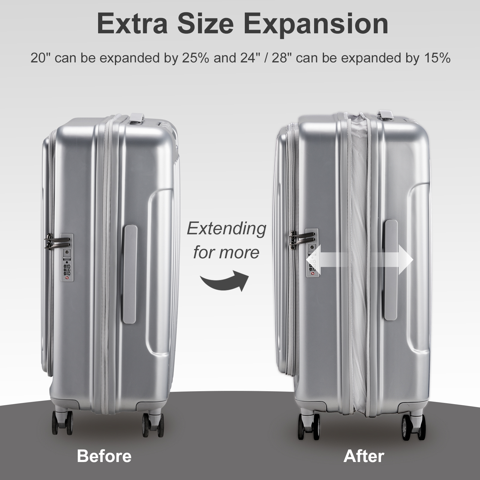 20" Extensible Carry on Luggage USB Port PC+ABS Hard Shell Suitcase Front Pocket - Picture 51 of 58