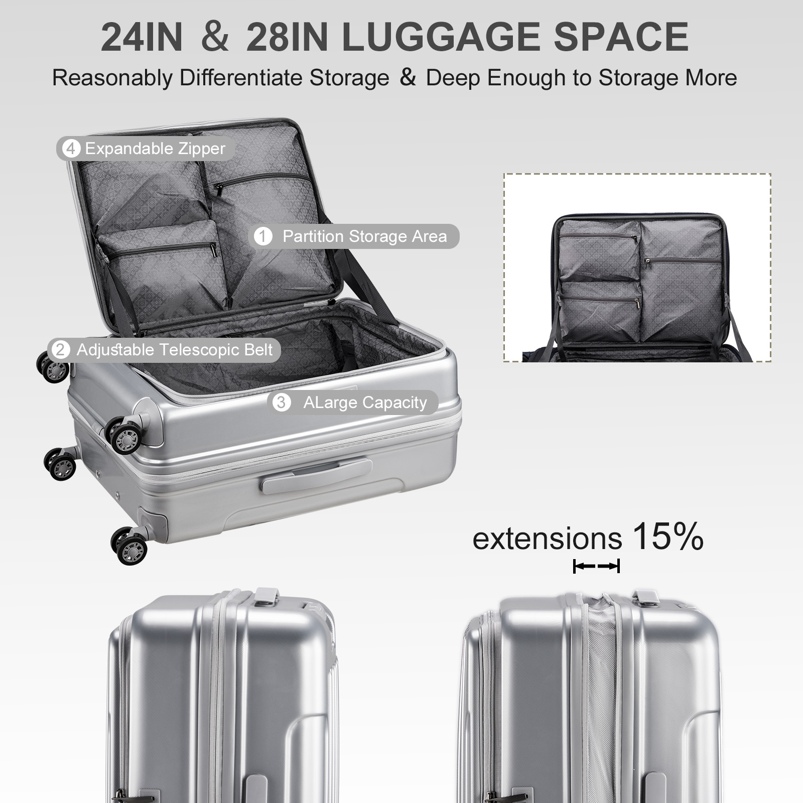 20" Extensible Carry on Luggage USB Port PC+ABS Hard Shell Suitcase Front Pocket - Picture 53 of 58