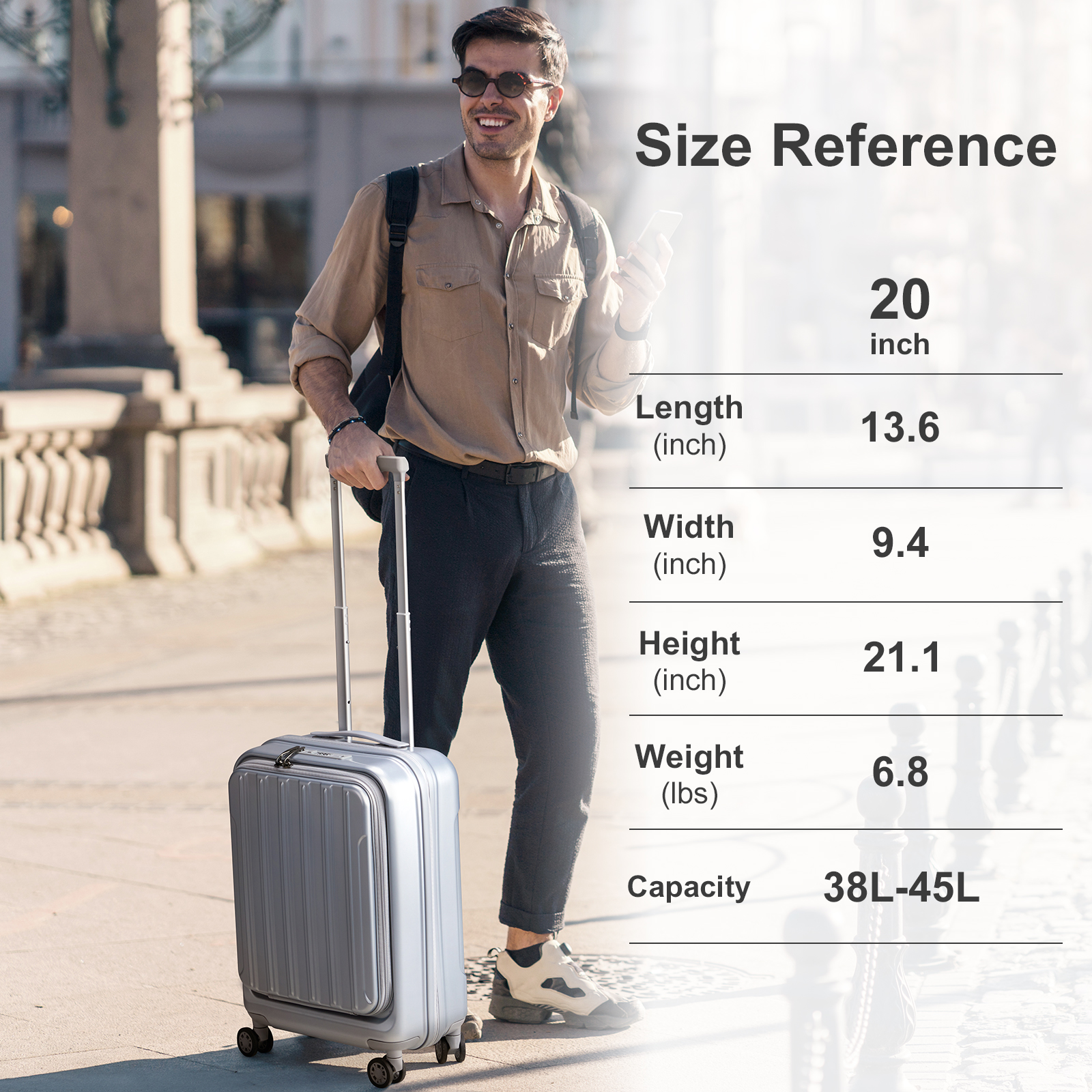 20" Extensible Carry on Luggage USB Port PC+ABS Hard Shell Suitcase Front Pocket - Picture 57 of 58