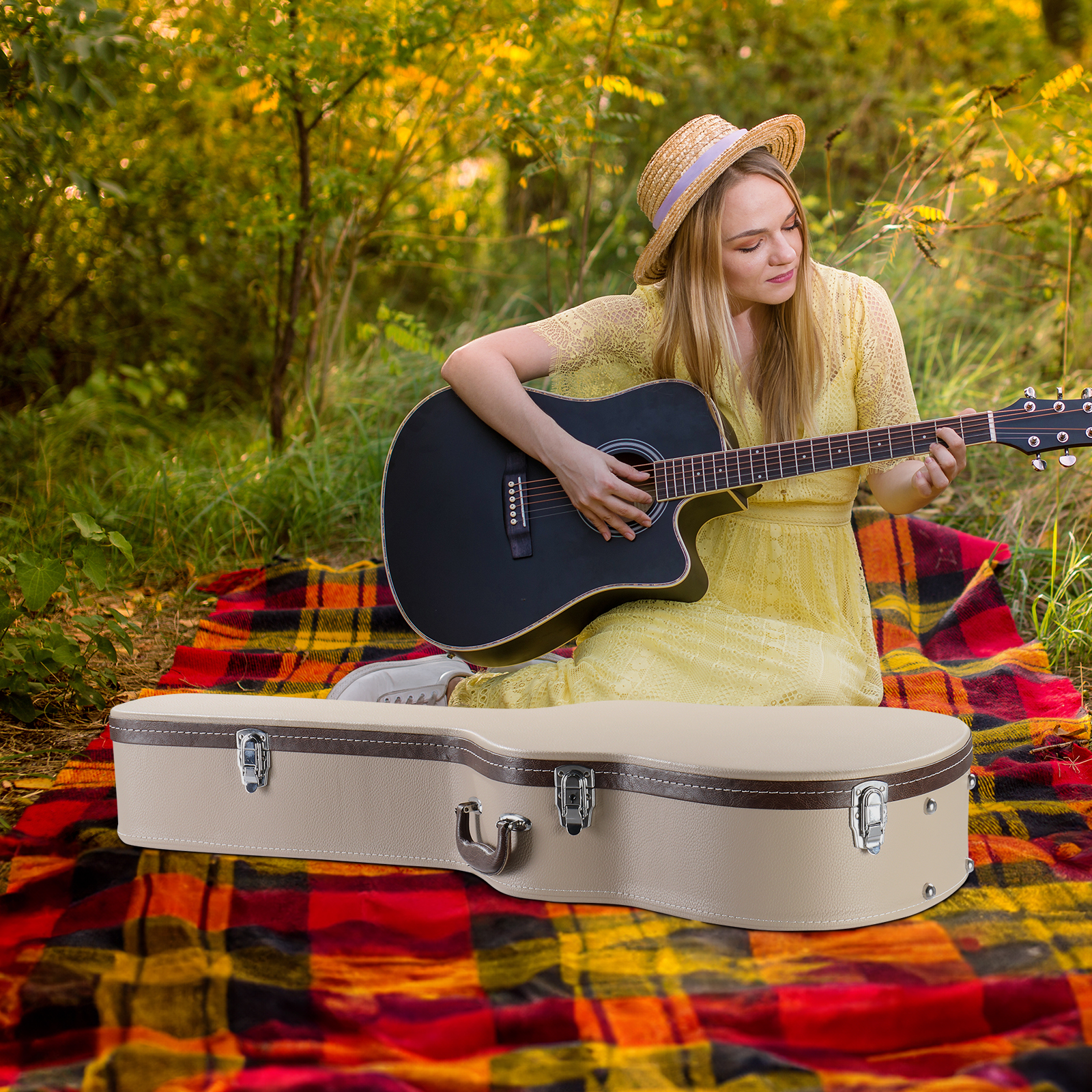 Glarry 41" Deluxe Wood Portable Hard Case for 41" Folk Guitar Acoustic Guitars