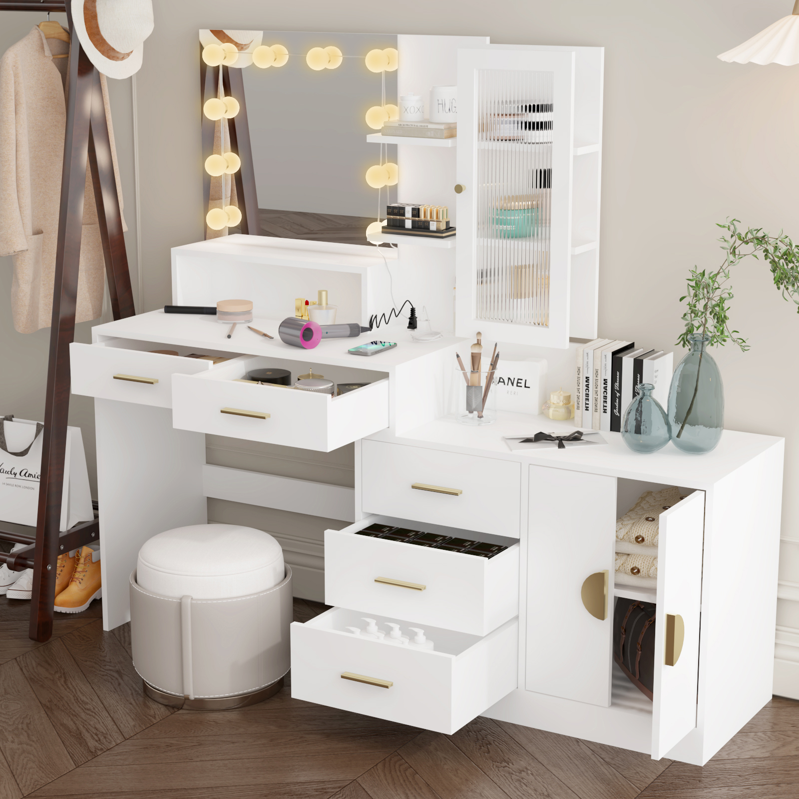Vanity with Lighted Mirror Makeup Vanity Desk with Power Outlet and LED Bulbs - Picture 9 of 30
