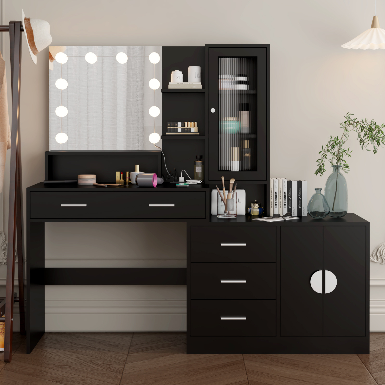 Vanity with Lighted Mirror Makeup Vanity Desk with Power Outlet and LED Bulbs - Picture 12 of 30