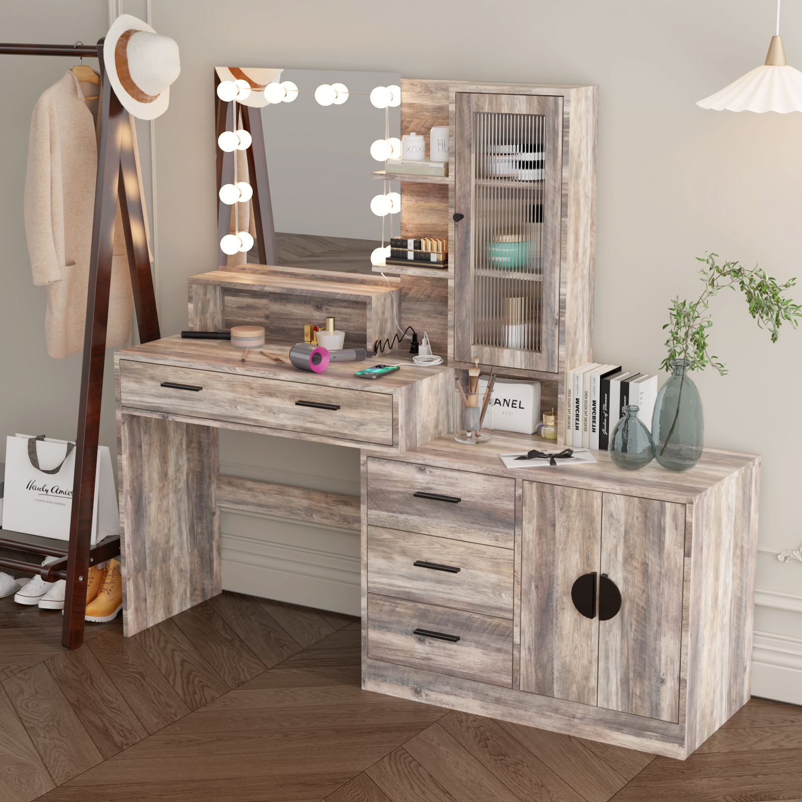 Vanity with Lighted Mirror Makeup Vanity Desk with Power Outlet and LED Bulbs - Picture 21 of 30