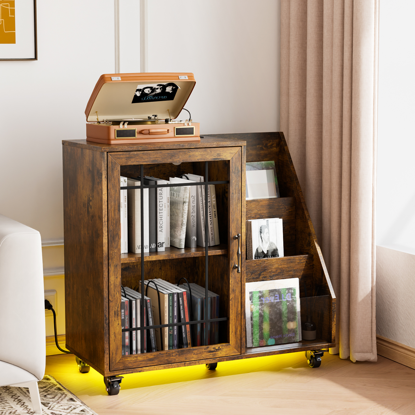 Vinyl Record Player Stand with RGB LED Power Outlet Album Turntable Cabinet