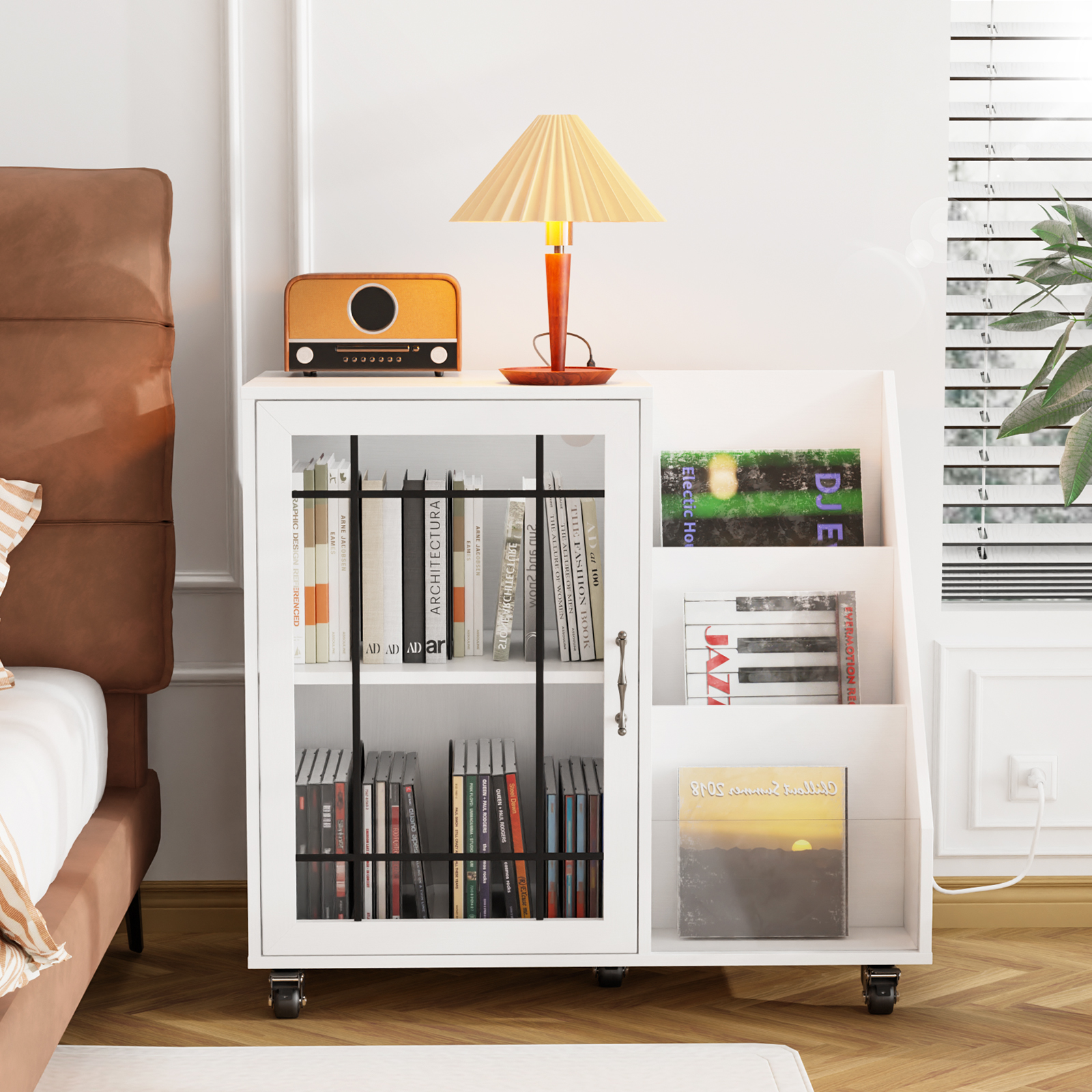 Vinyl Record Player Stand with RGB LED Power Outlet Album Turntable Cabinet