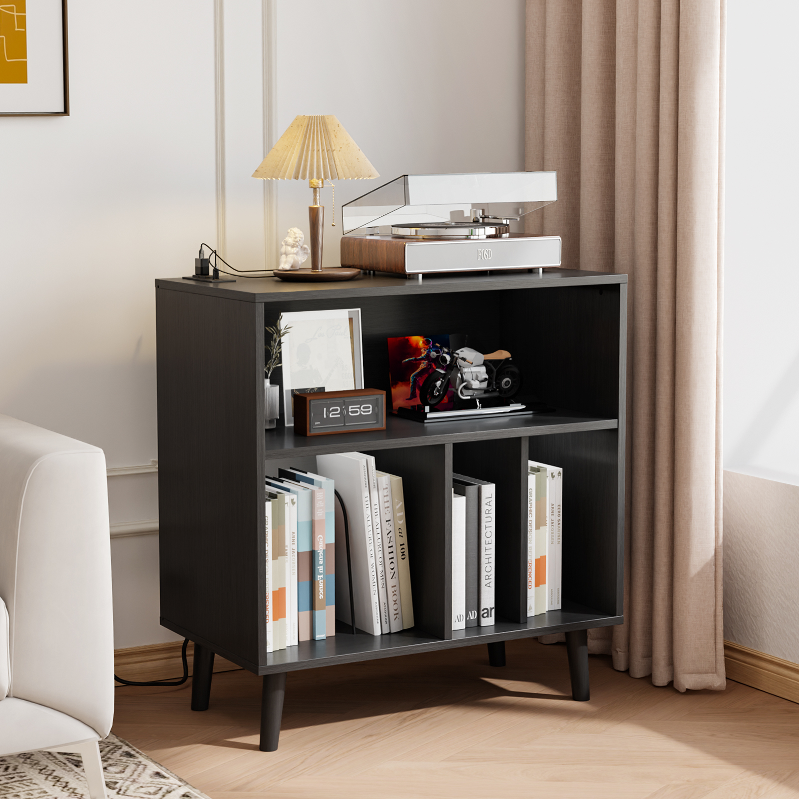 Vinyl Record Player Stand Storage Cabinet with USB Power Outlet and LED Light