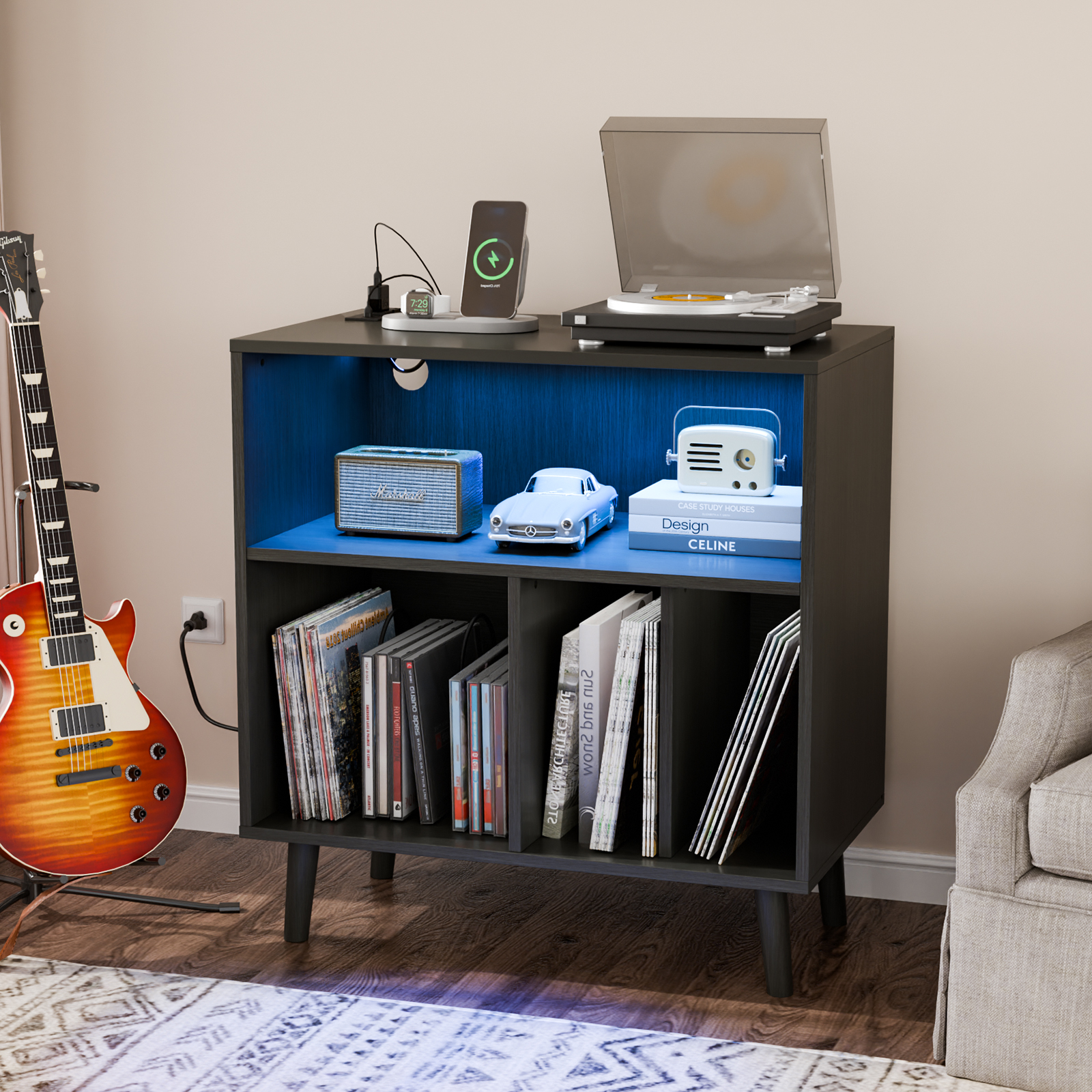 Vinyl Record Player Table with Power Outlet & LED Light for Living Room Bedroom