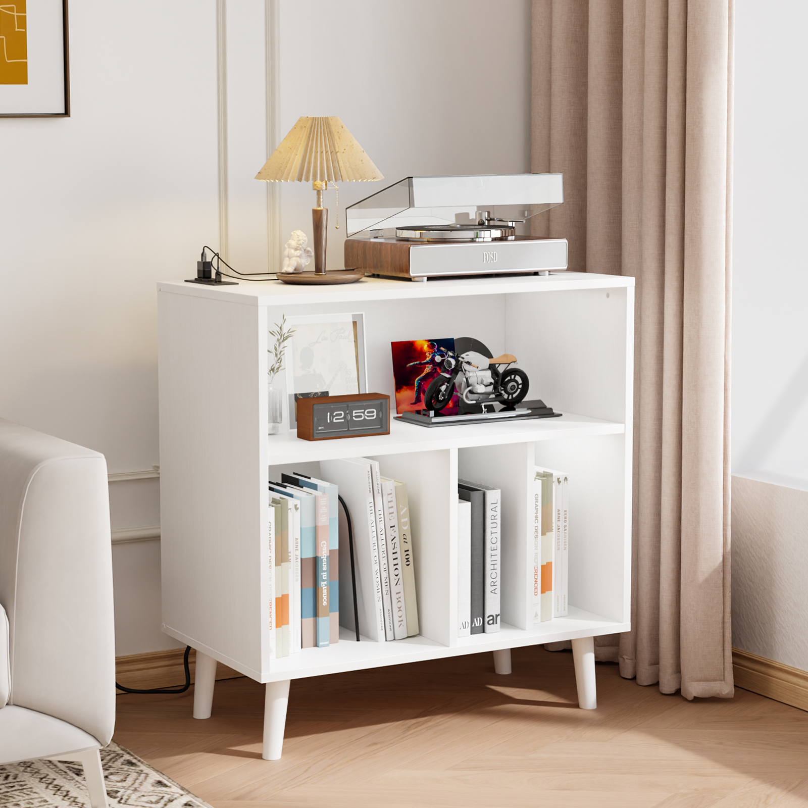 Vinyl Record Player Table with Power Outlet & LED Light for Living Room Bedroom