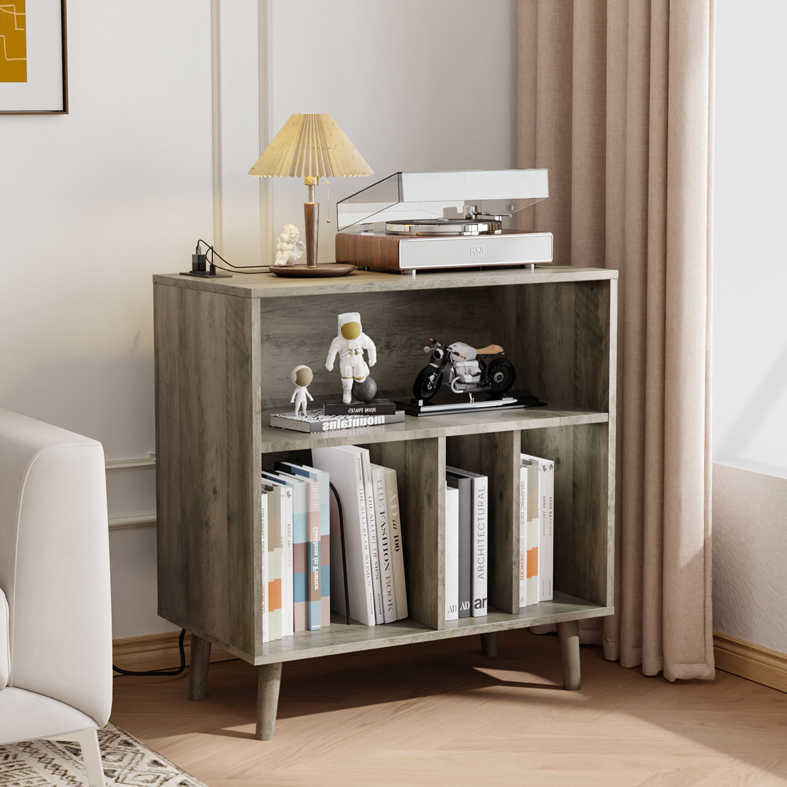 Vinyl Record Player Table with Power Outlet & LED Light for Living Room Bedroom