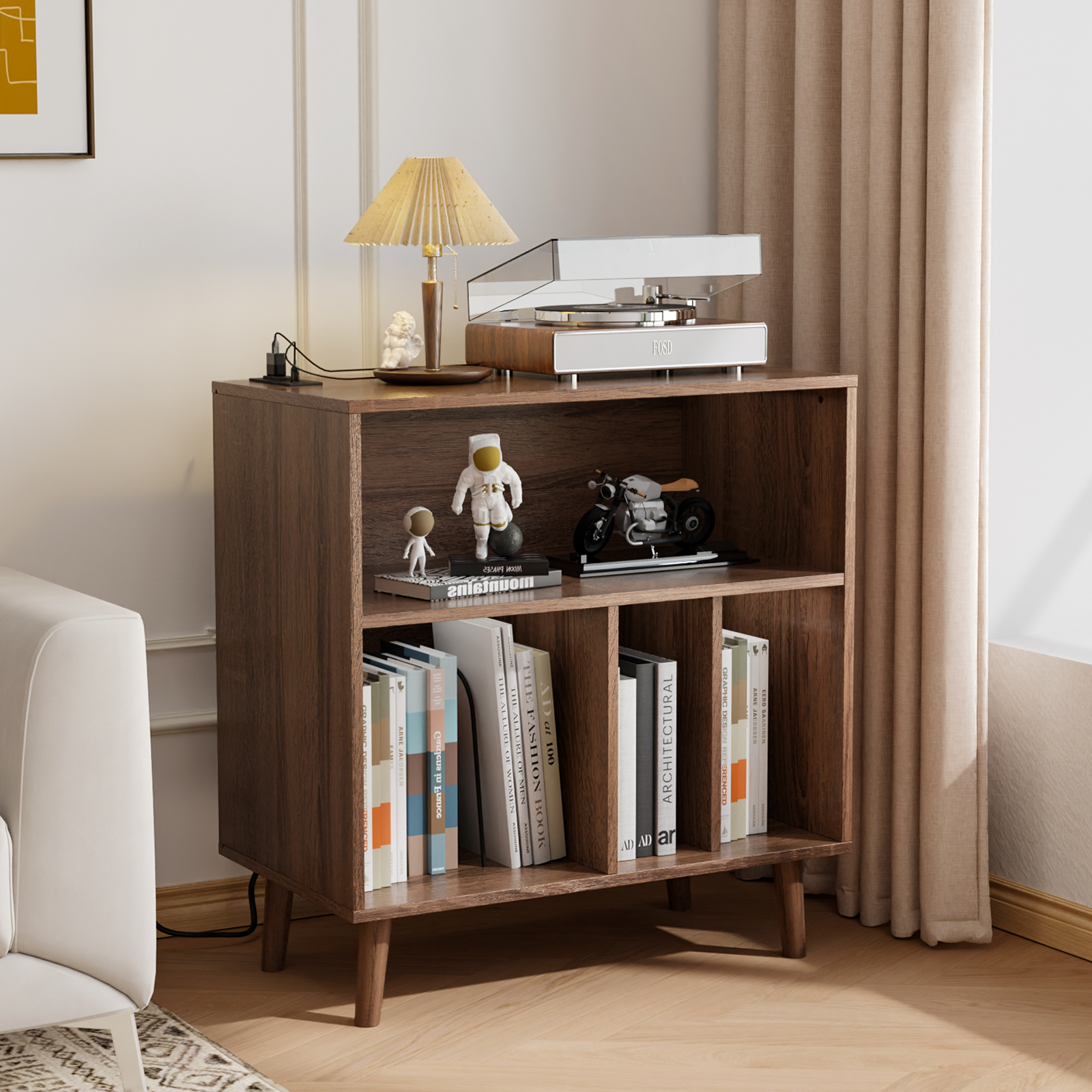 Vinyl Record Player Table with Power Outlet & LED Light for Living Room Bedroom