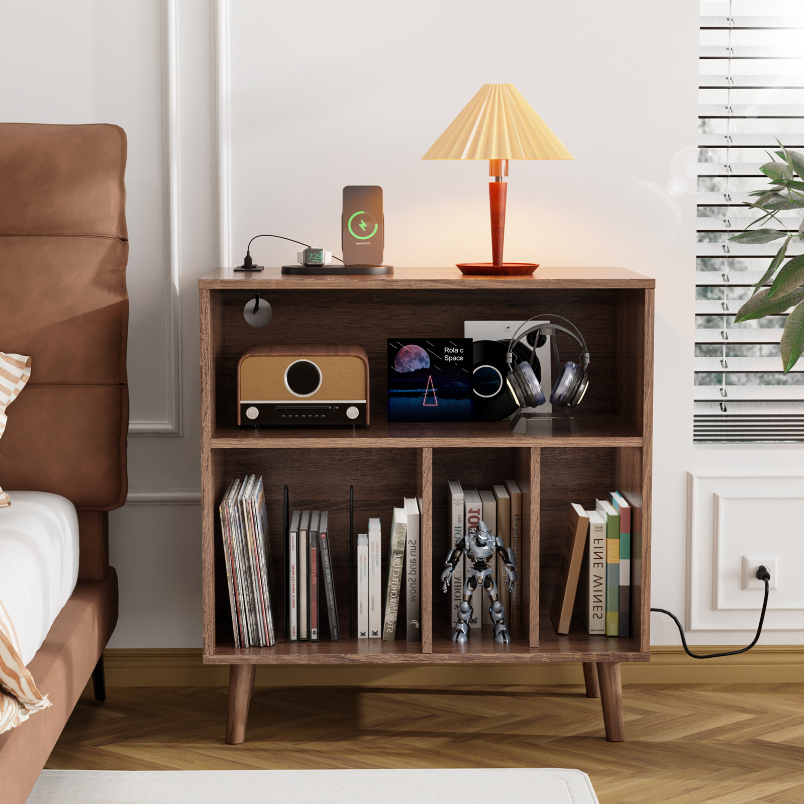 Vinyl Record Player Storage Stand with Power Outlet & LED Light for Bedroom