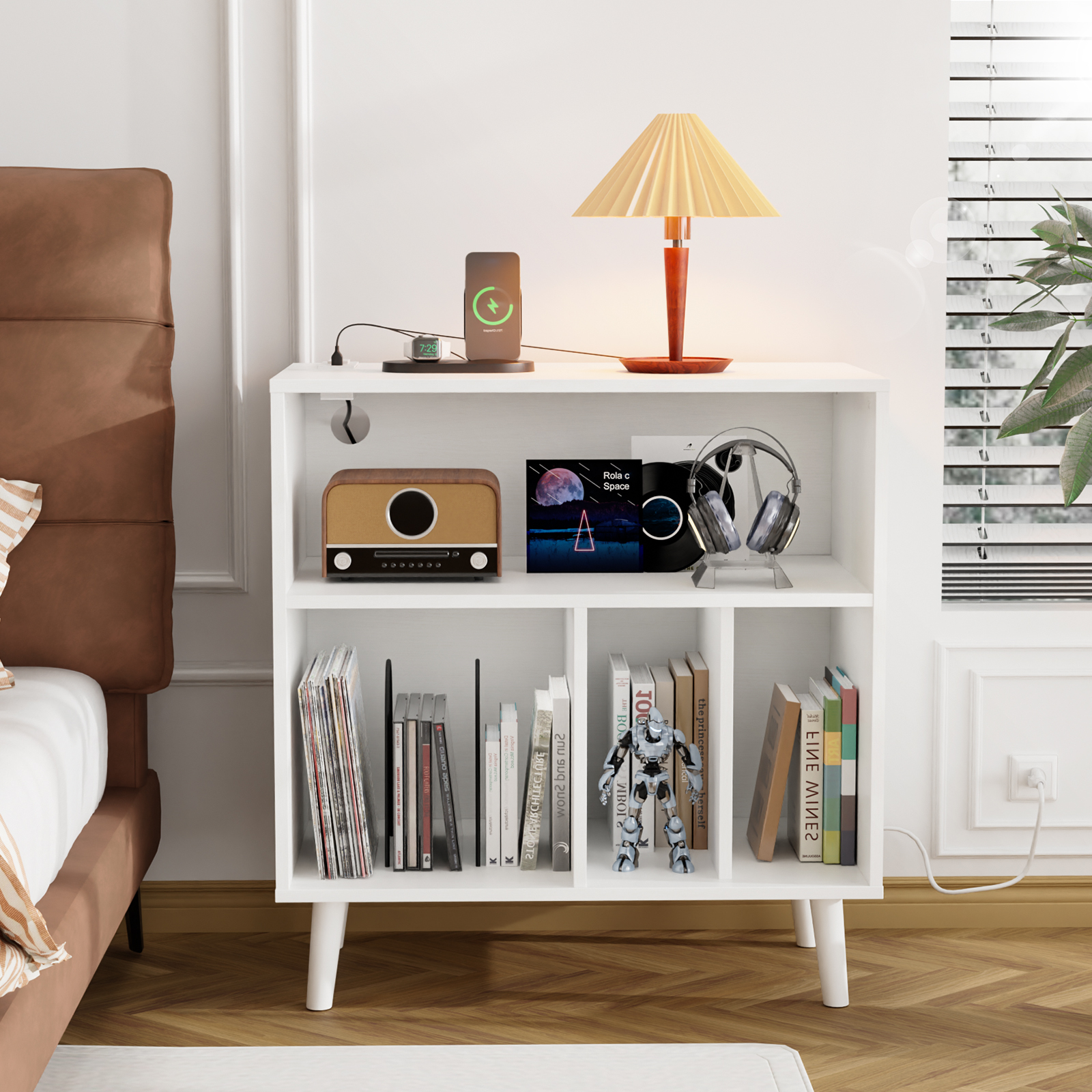 Vinyl Record Player Storage Stand with Power Outlet & LED Light for Bedroom