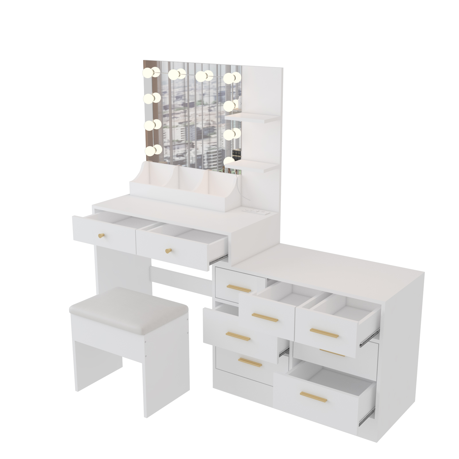 Makeup Vanity Desk Set LED Lighted Mirror with 9 Drawers Dresser & Power Outlet - Picture 22 of 24