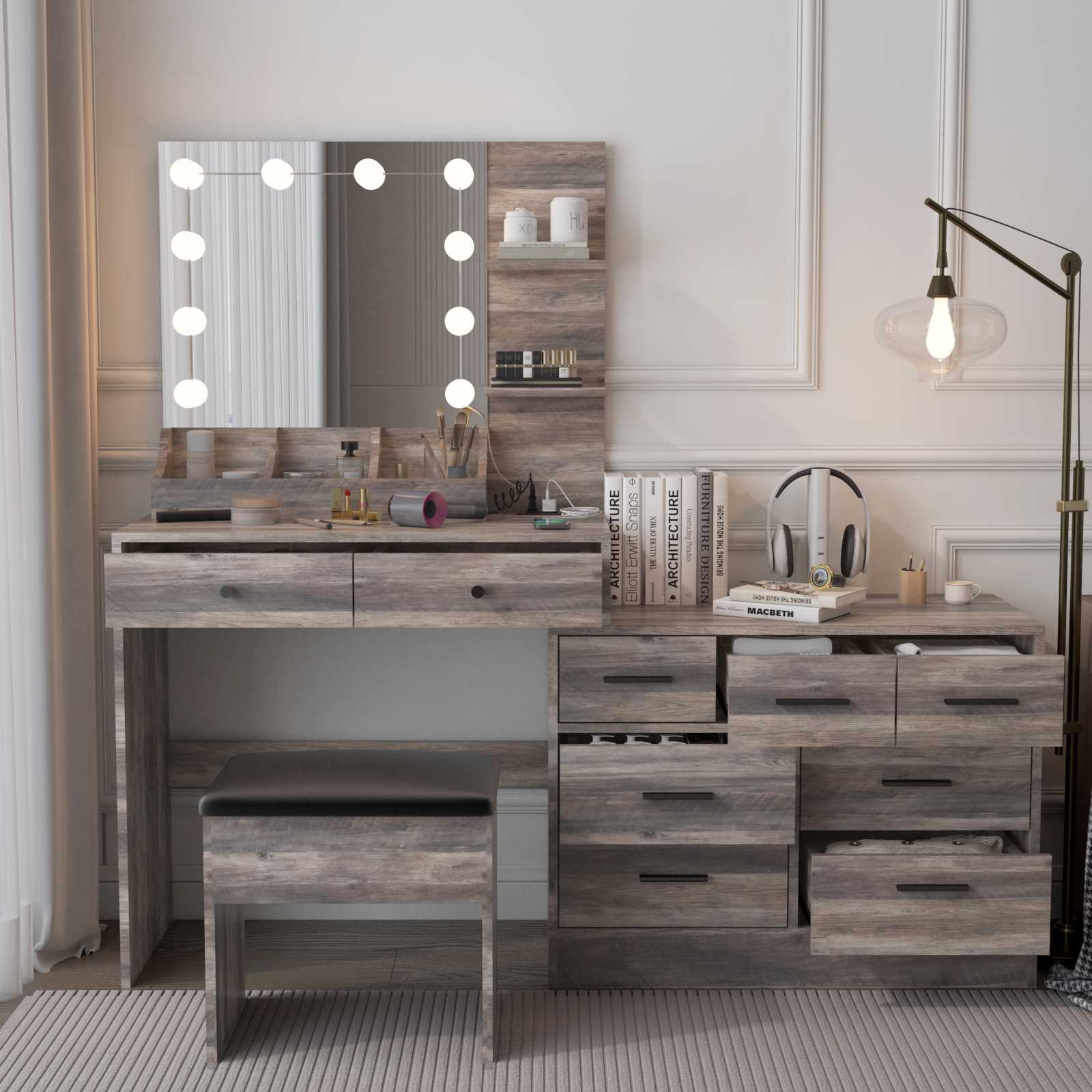 LED Bulbs Mirror Vanity Table Set Storage 9 Drawer Cabinet with Power Outlets - Picture 24 of 24