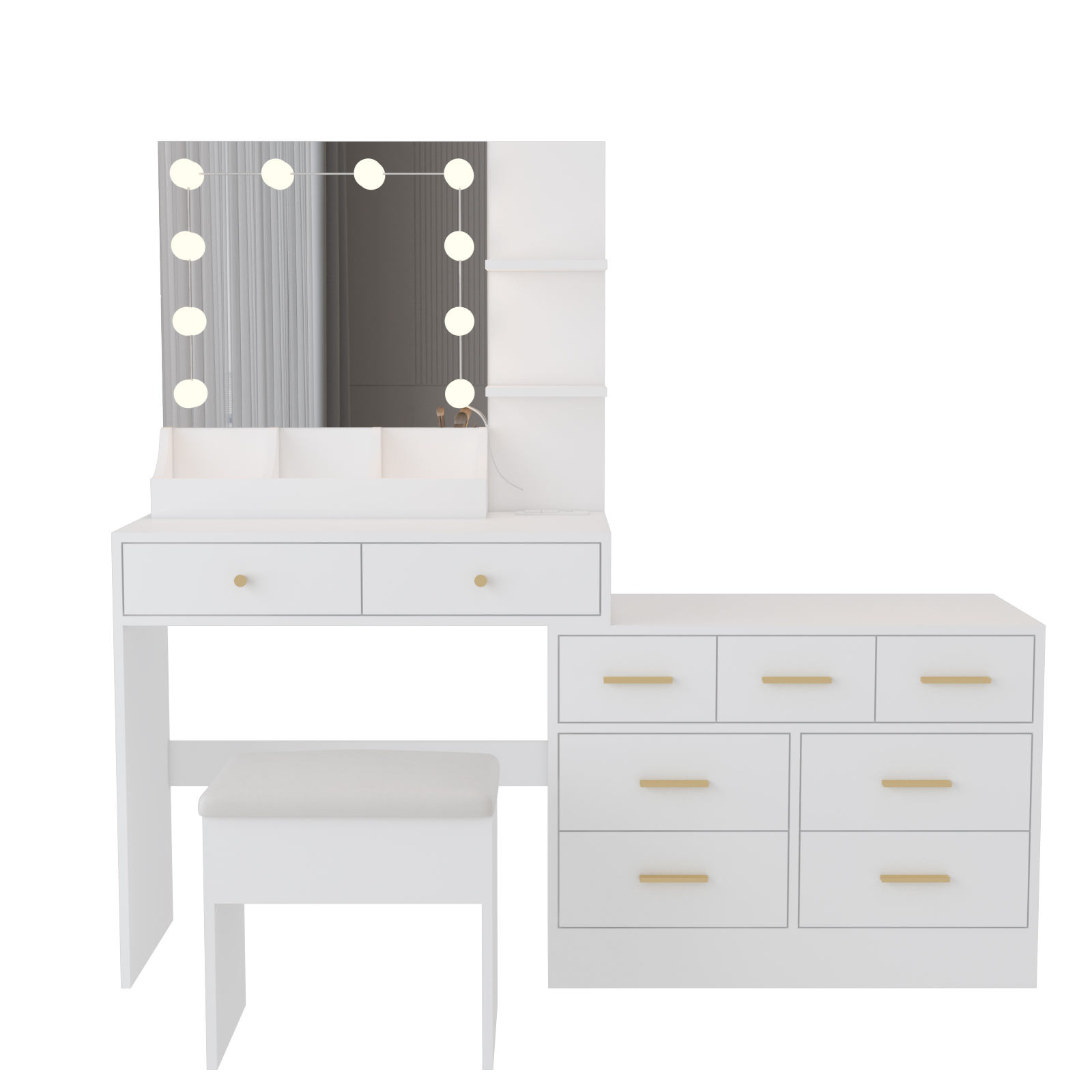 LED Bulbs Mirror Vanity Table Set Storage 9 Drawer Cabinet with Power Outlets - Picture 22 of 24