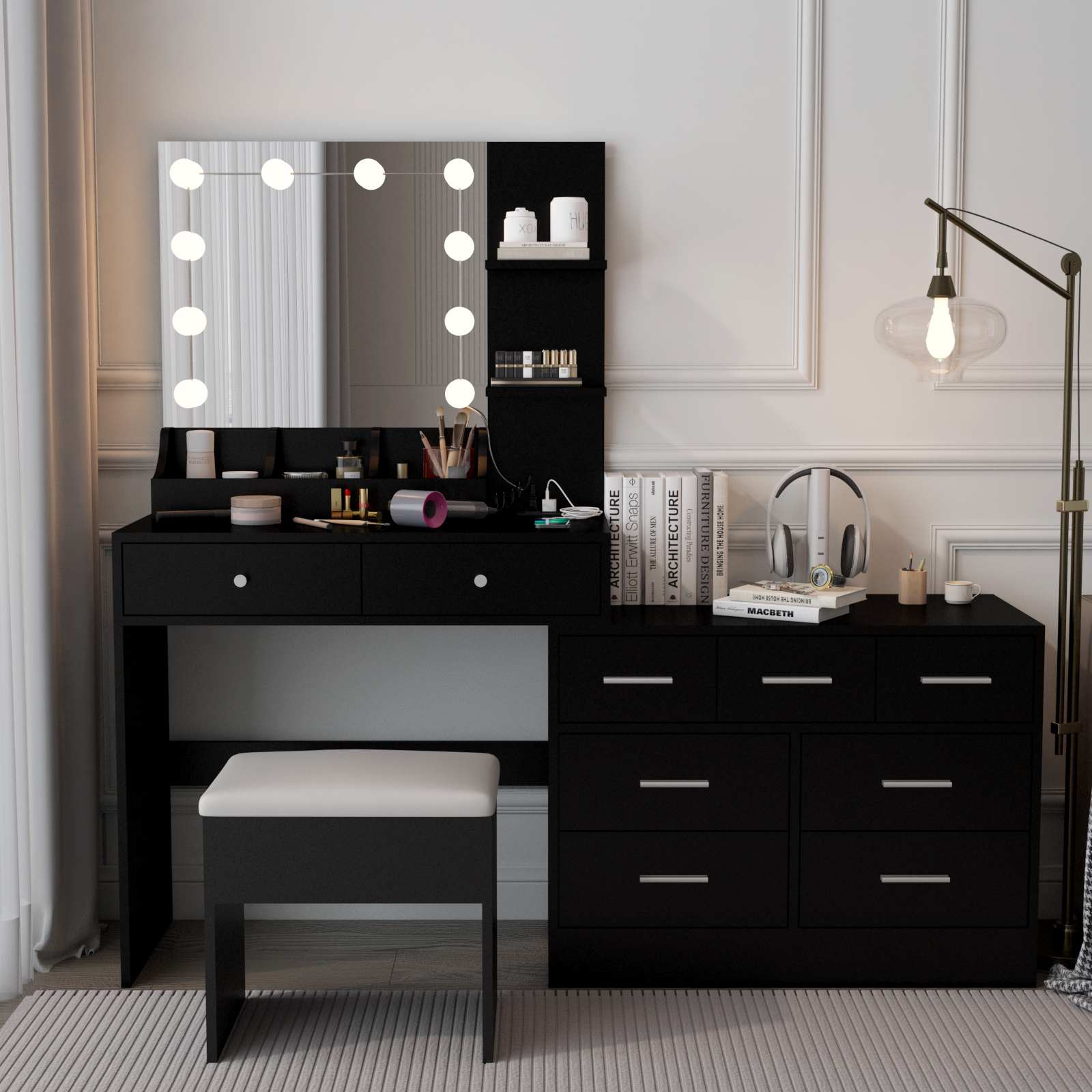 LED Bulbs Mirror Vanity Table Set Storage 9 Drawer Cabinet with Power Outlets - Picture 23 of 24