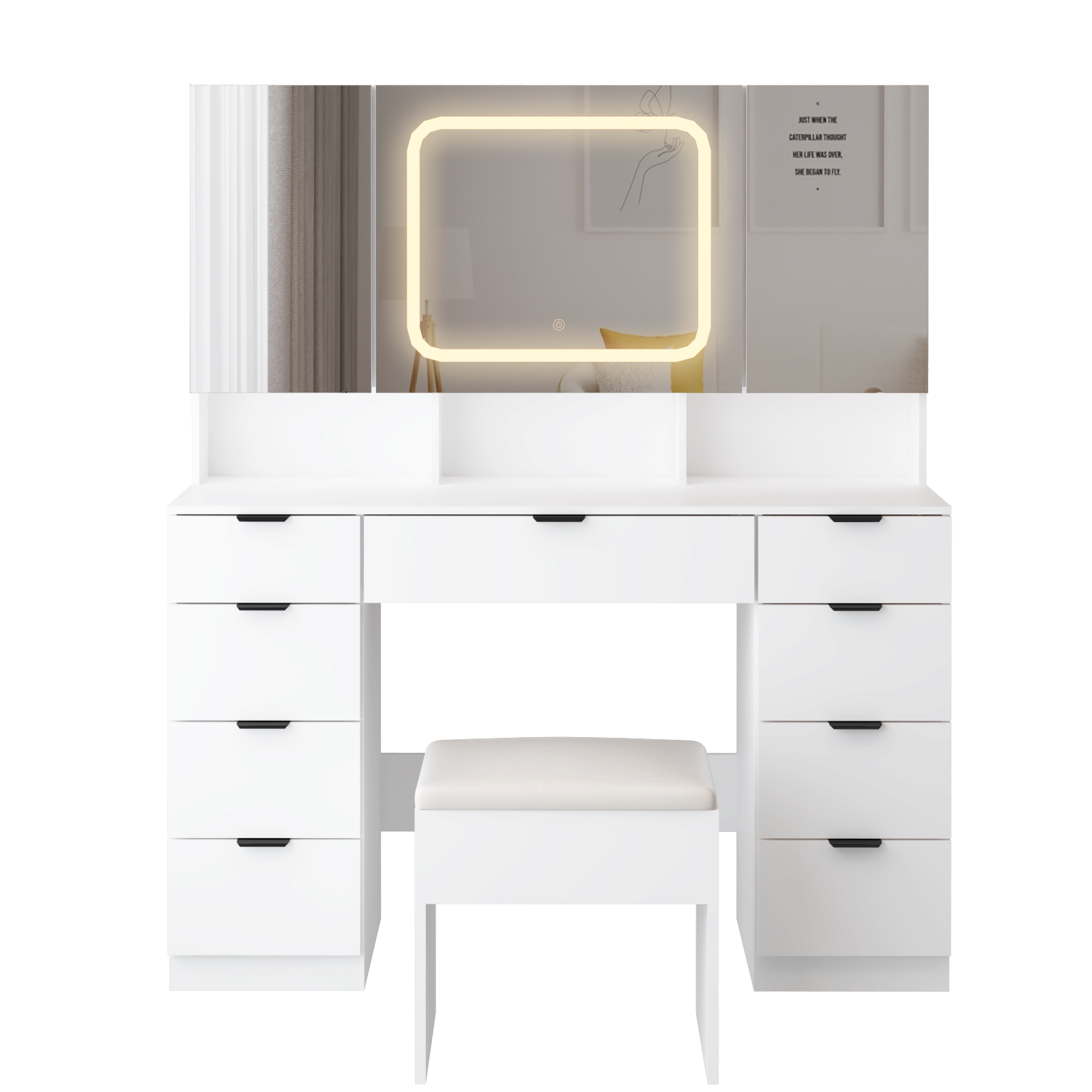 Vanity Set Desk 9 Drawers Large Mirror Power Outlet LED Lights Makeup Table