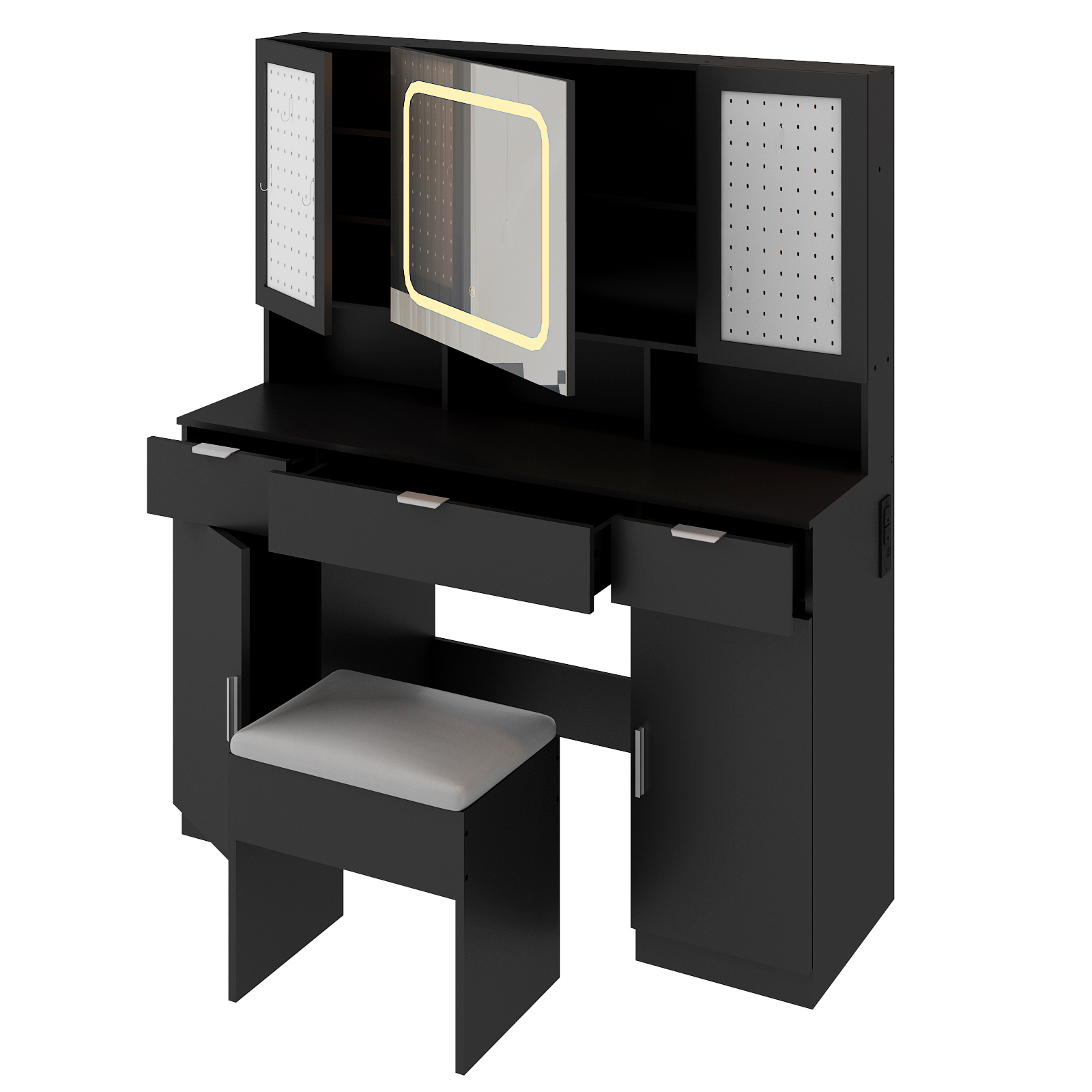 Vanity Desk with Mirror Power Outlet LED Lights Makeup Table 2 DIY Pegboards - Picture 22 of 24