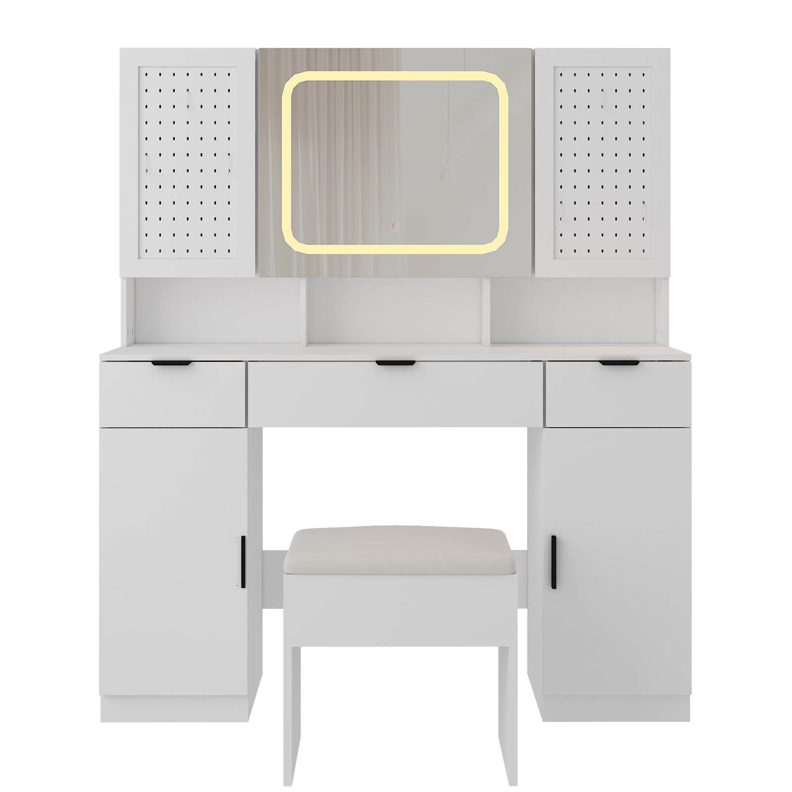 Vanity Desk with Mirror Power Outlet LED Lights Makeup Table 2 DIY Pegboards - Picture 24 of 24