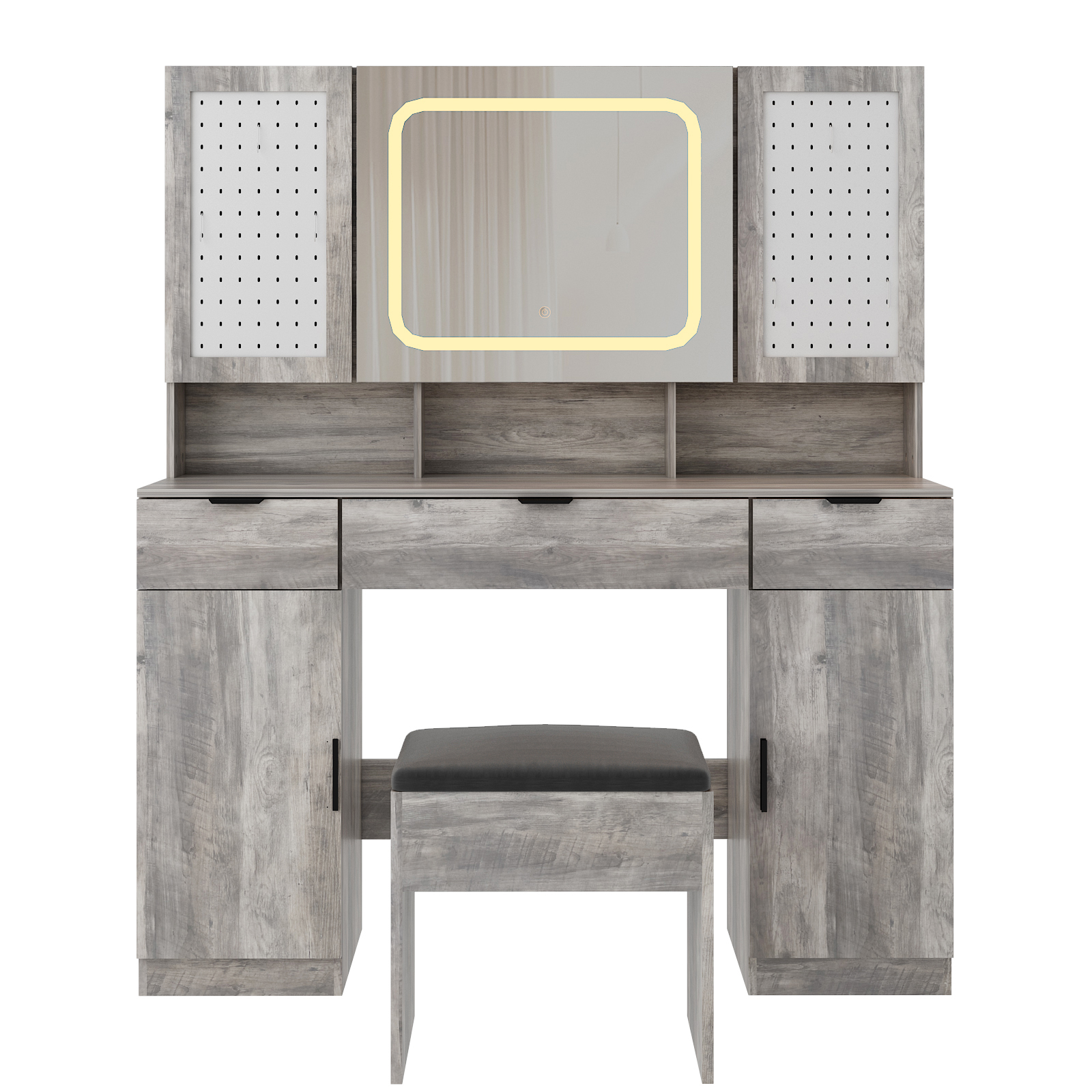 Vanity Desk with Mirror Power Outlet LED Lights Makeup Table 2 DIY Pegboards - Picture 23 of 24