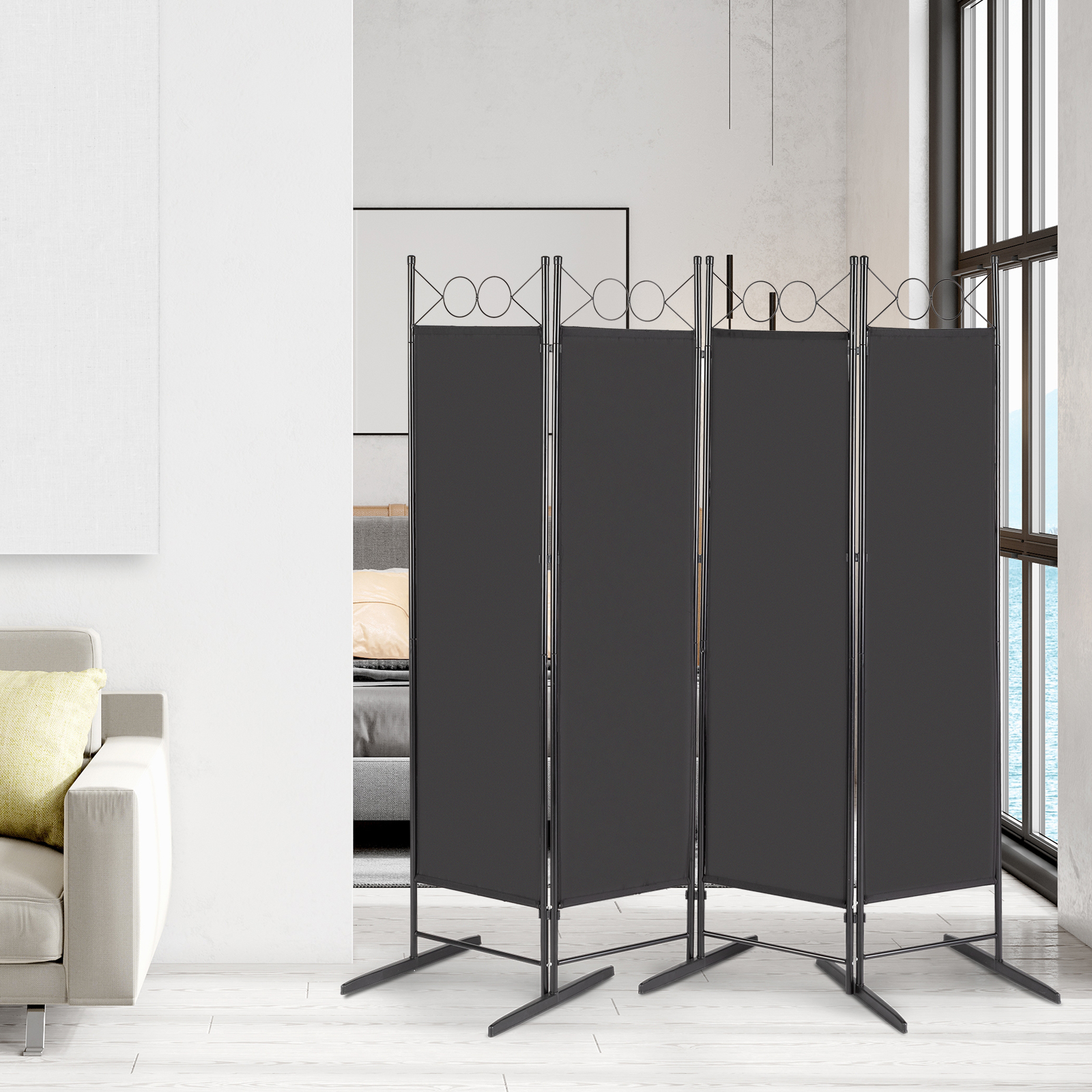 Foldable Room Divider 4-Panels Wall Partition Privacy Screen Top Decorated Metal - Picture 12 of 18