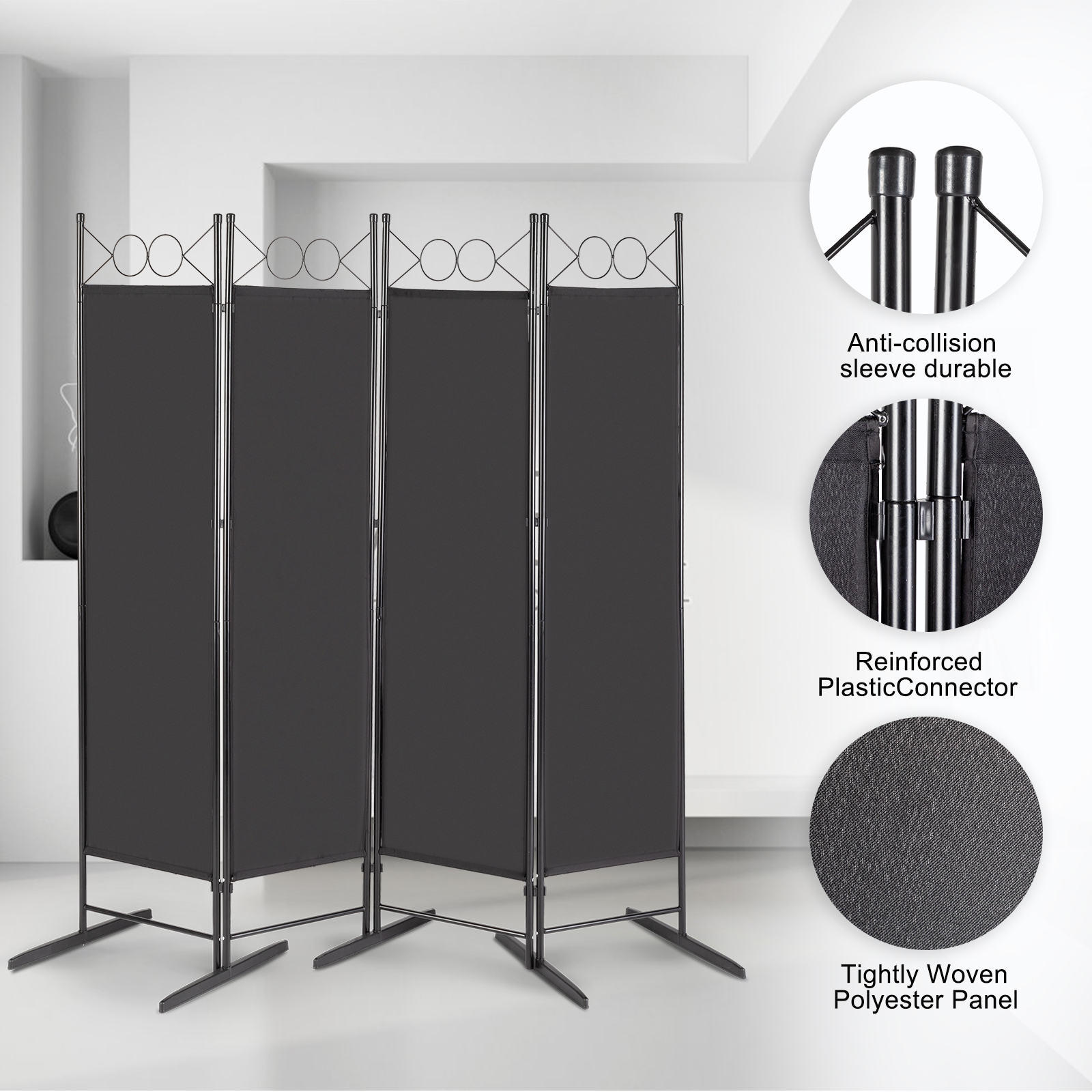 Foldable Room Divider 4-Panels Wall Partition Privacy Screen Top Decorated Metal - Picture 13 of 18