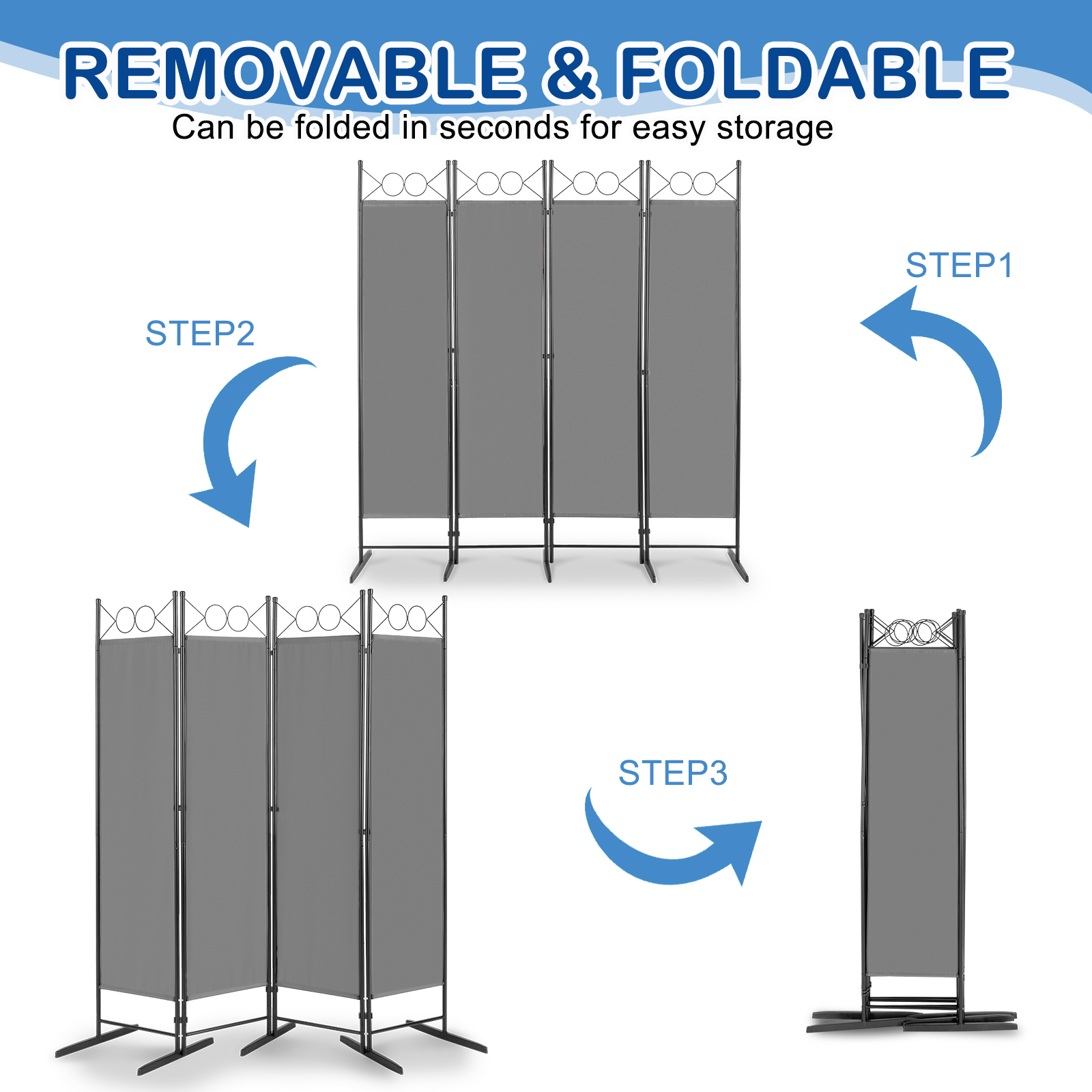 Foldable Room Divider 4-Panels Wall Partition Privacy Screen Top Decorated Metal - Picture 16 of 18