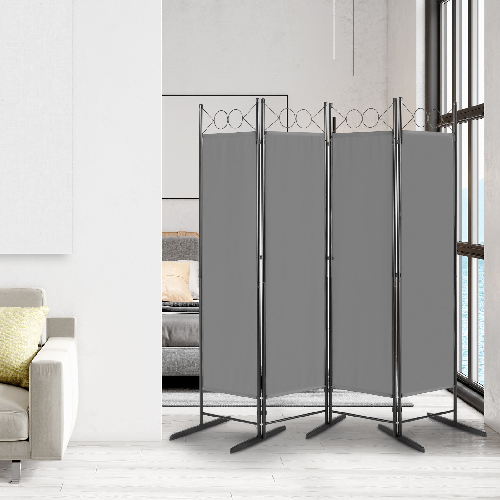 Foldable Room Divider 4-Panels Wall Partition Privacy Screen Top Decorated Metal - Picture 18 of 18