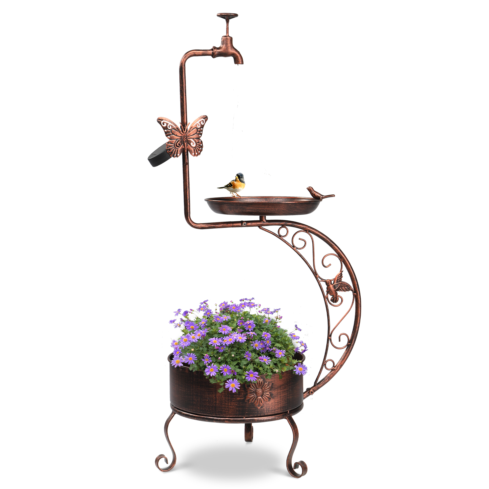 37" H Metal Bird Bath with Solar Light, Sturdy Flower Planter Base, Bird Feeder