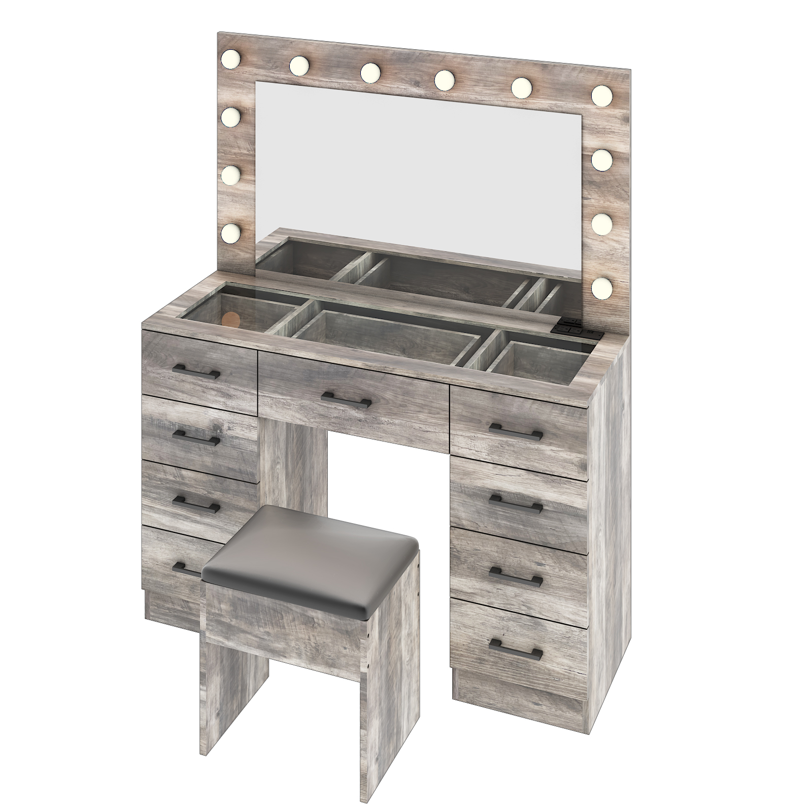 FCH Vanity Table Set9 Drawers Dresser Cabinet with LED Mirror and Power Outlets - Picture 21 of 32