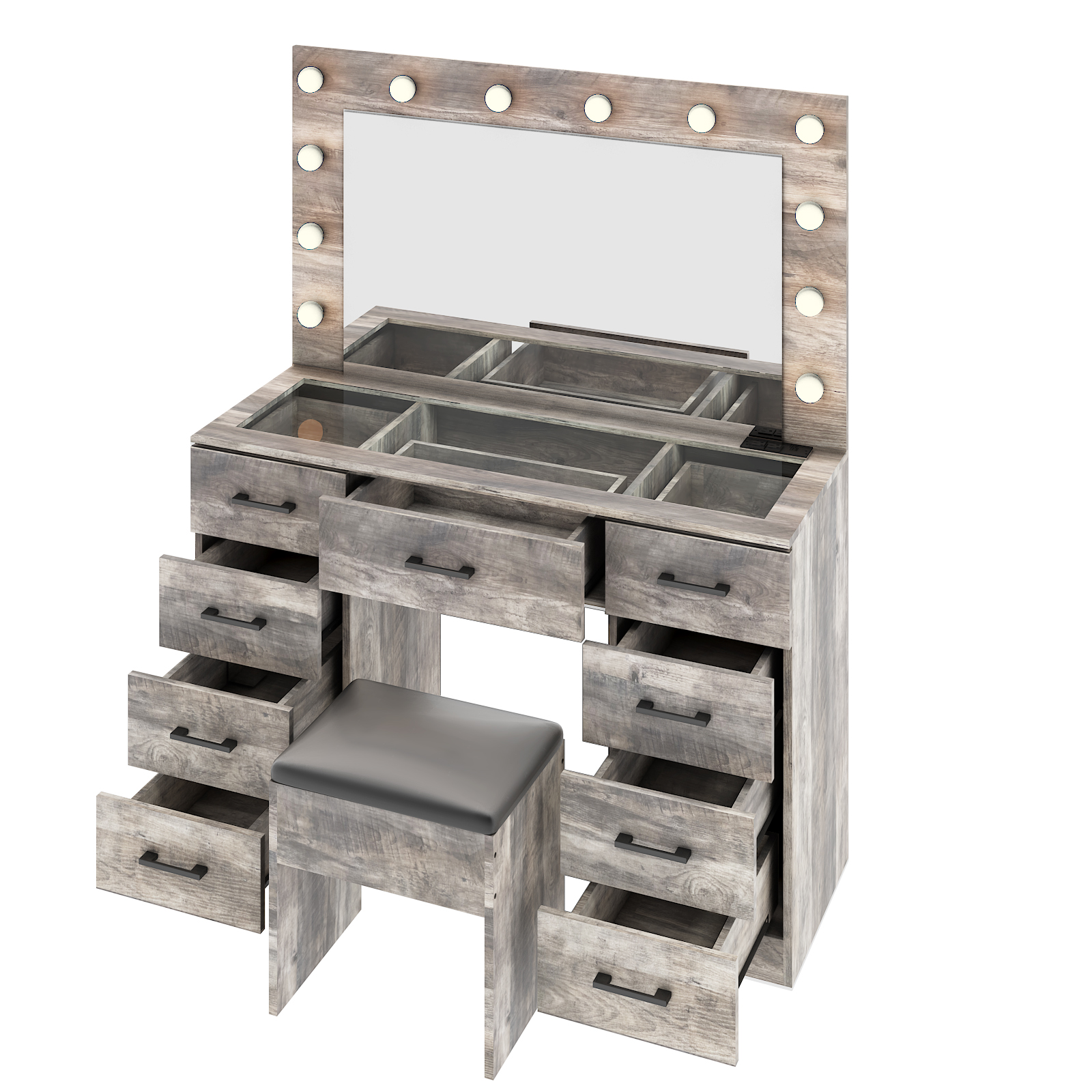 FCH Vanity Table Set9 Drawers Dresser Cabinet with LED Mirror and Power Outlets - Picture 23 of 32