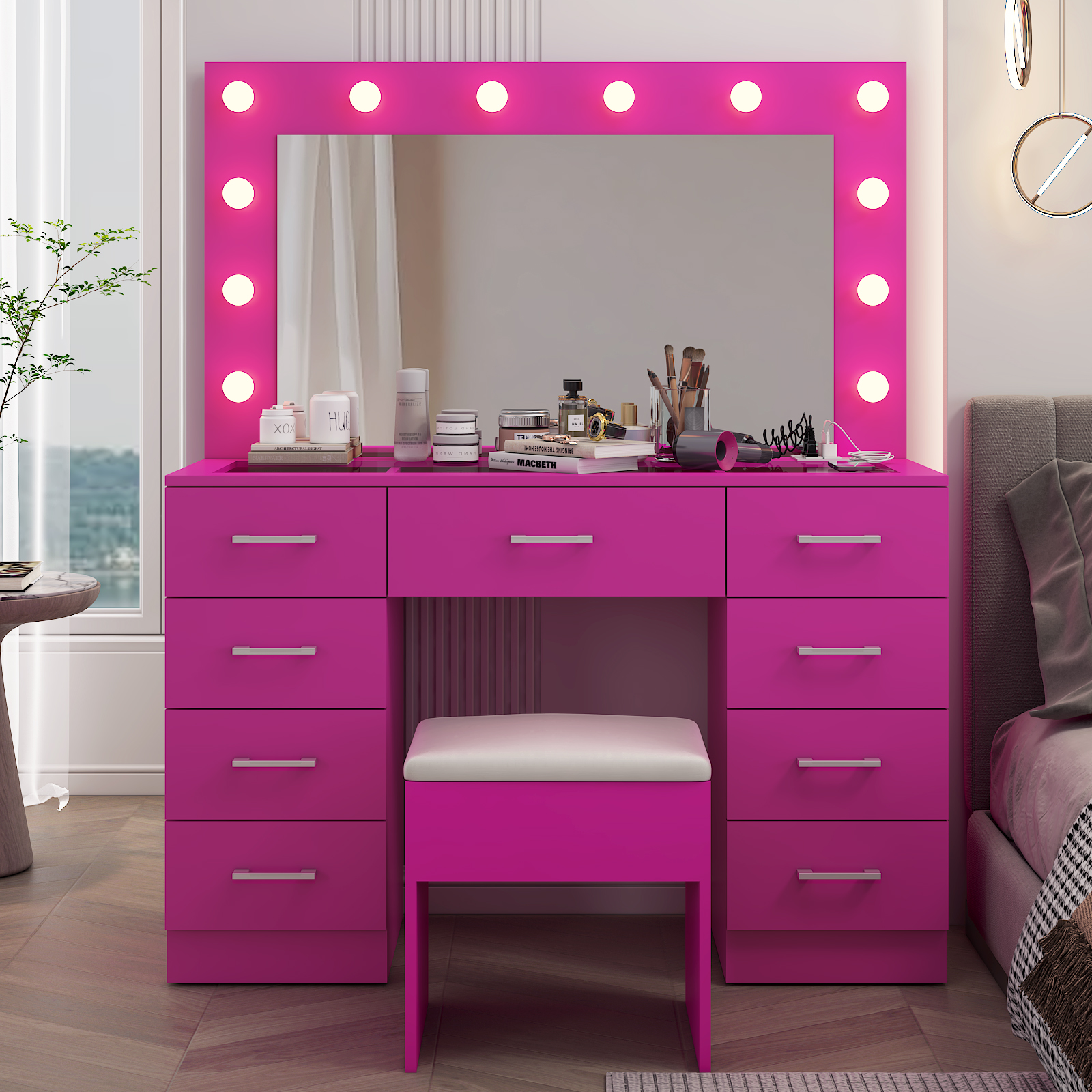 FCH Vanity Table Set9 Drawers Dresser Cabinet with LED Mirror and Power Outlets - Picture 25 of 32