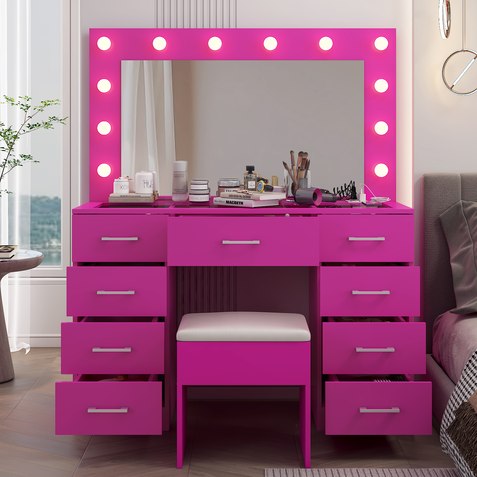 FCH Vanity Table Set9 Drawers Dresser Cabinet with LED Mirror and Power Outlets - Picture 27 of 32