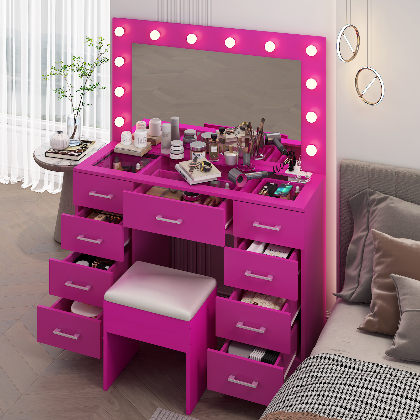 FCH Vanity Table Set9 Drawers Dresser Cabinet with LED Mirror and Power Outlets - Picture 28 of 32