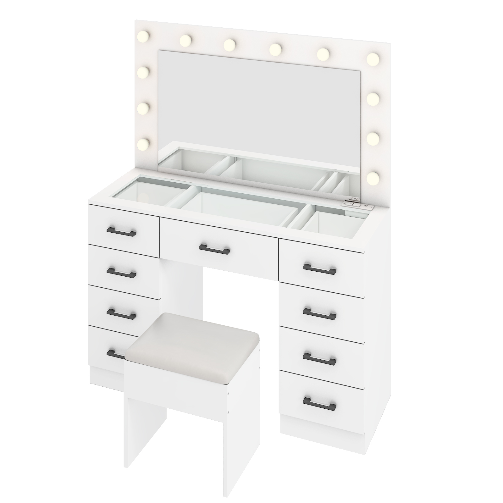 FCH Vanity Table Dressing Makeup 9 Drawers with Large Mirror and Glass Tabletop