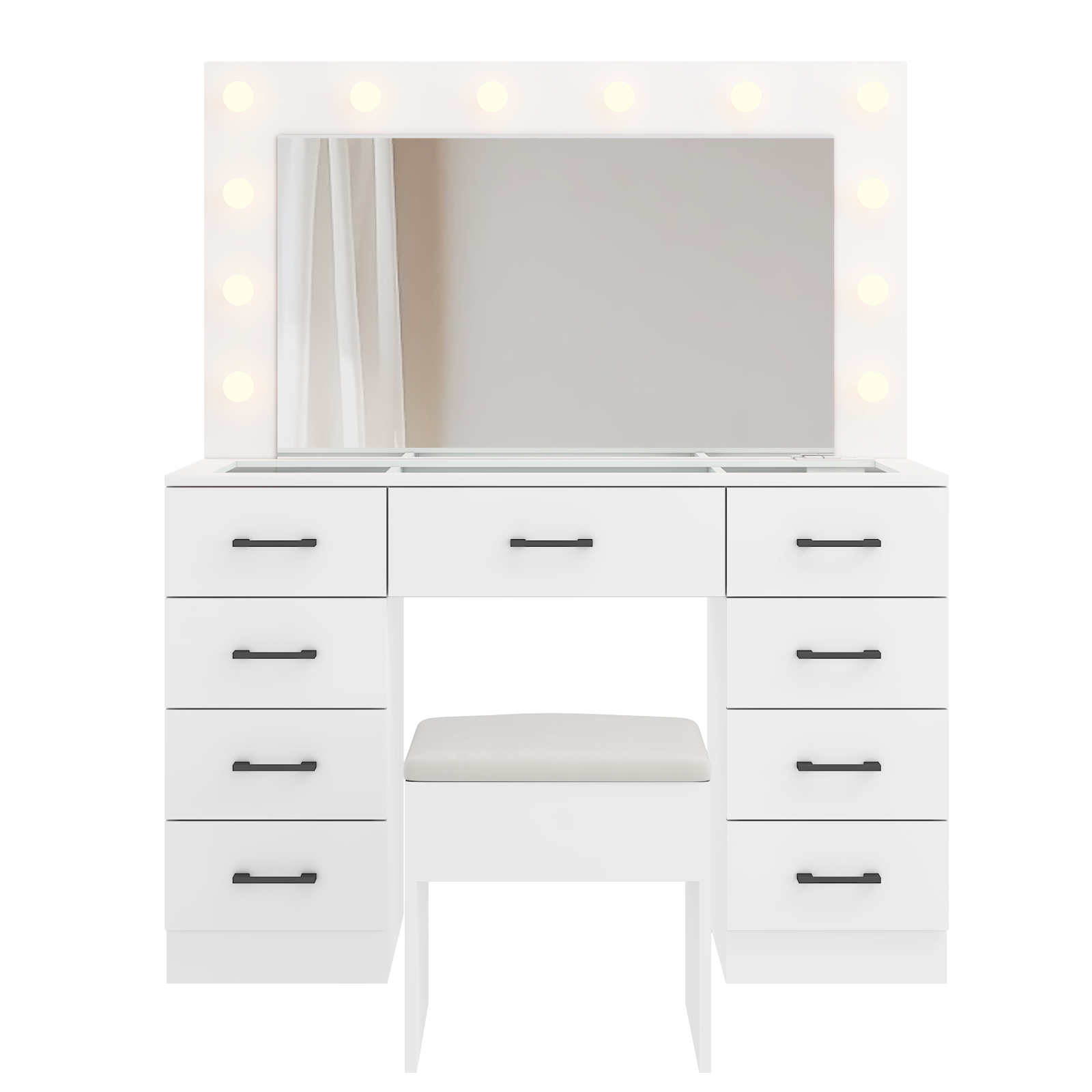 FCH Vanity Table Dressing Makeup 9 Drawers with Large Mirror and Glass Tabletop