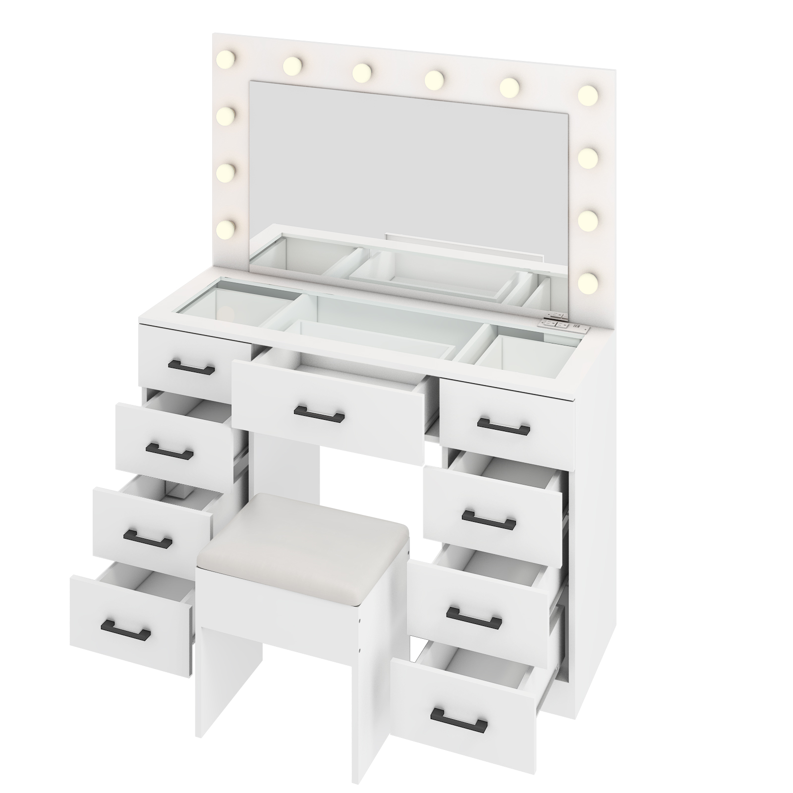 FCH Vanity Table Dressing Makeup 9 Drawers with Large Mirror and Glass Tabletop