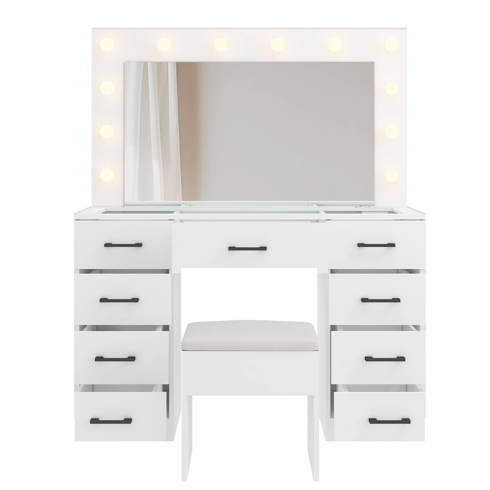 FCH Vanity Table Dressing Makeup 9 Drawers with Large Mirror and Glass Tabletop