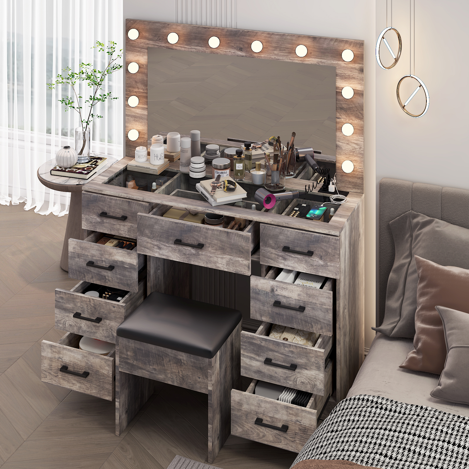 お値下げCOSMETICテーブル Vanity Makeup Table Set with Large Mirror Glass Tabletop Cabinet
