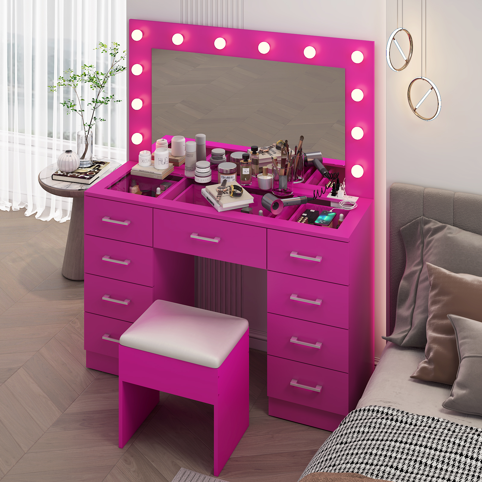 Vanity Makeup Table Set with Large Mirror Glass Tabletop Cabinet