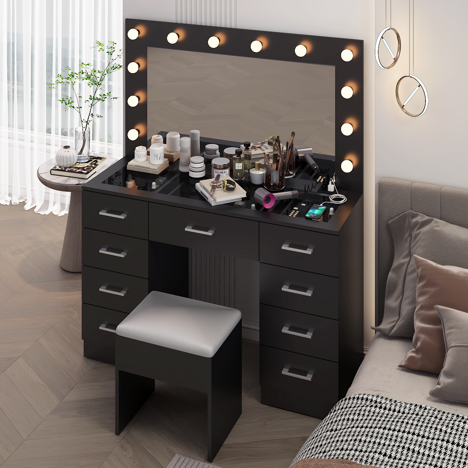 Vanity Makeup Table Set with Large Mirror Glass Tabletop Cabinet & Power Outlet