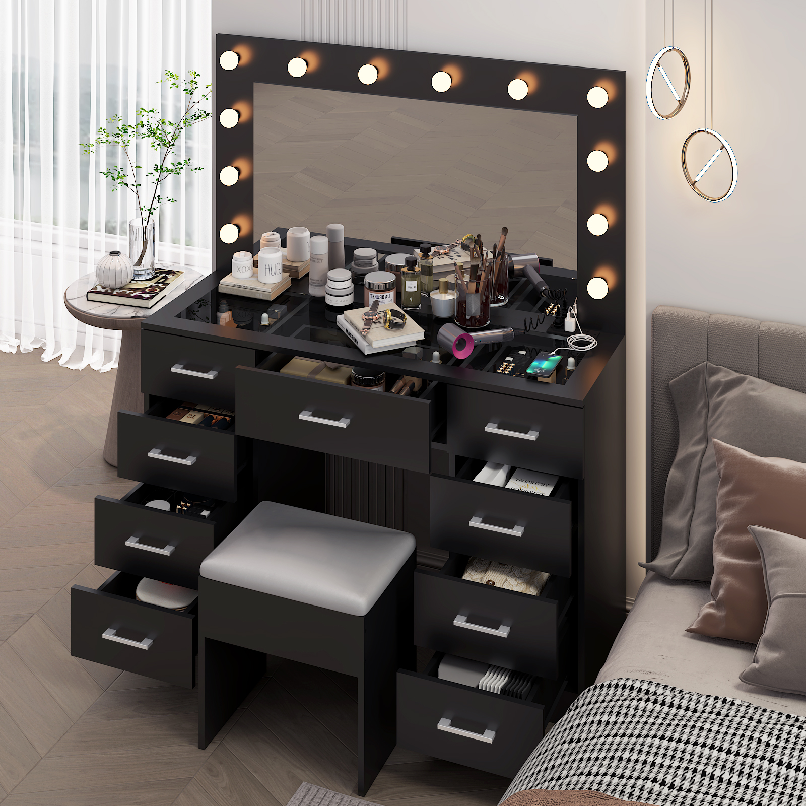 Vanity Makeup Table Set with Large Mirror Glass Tabletop Cabinet