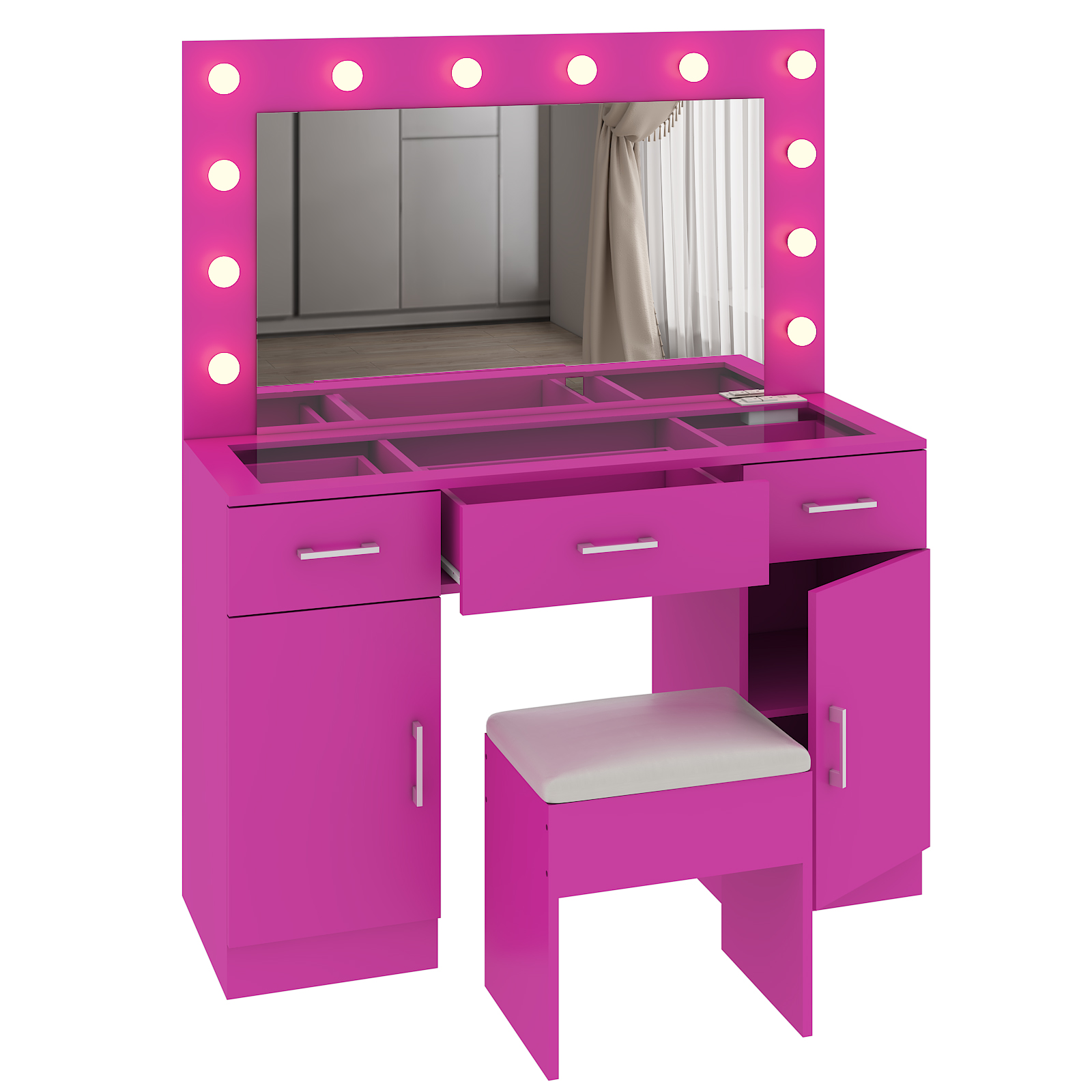 FCH Vanity Table Set 3 Drawers Dresser Cabinet with LED Mirror and Power Outlets