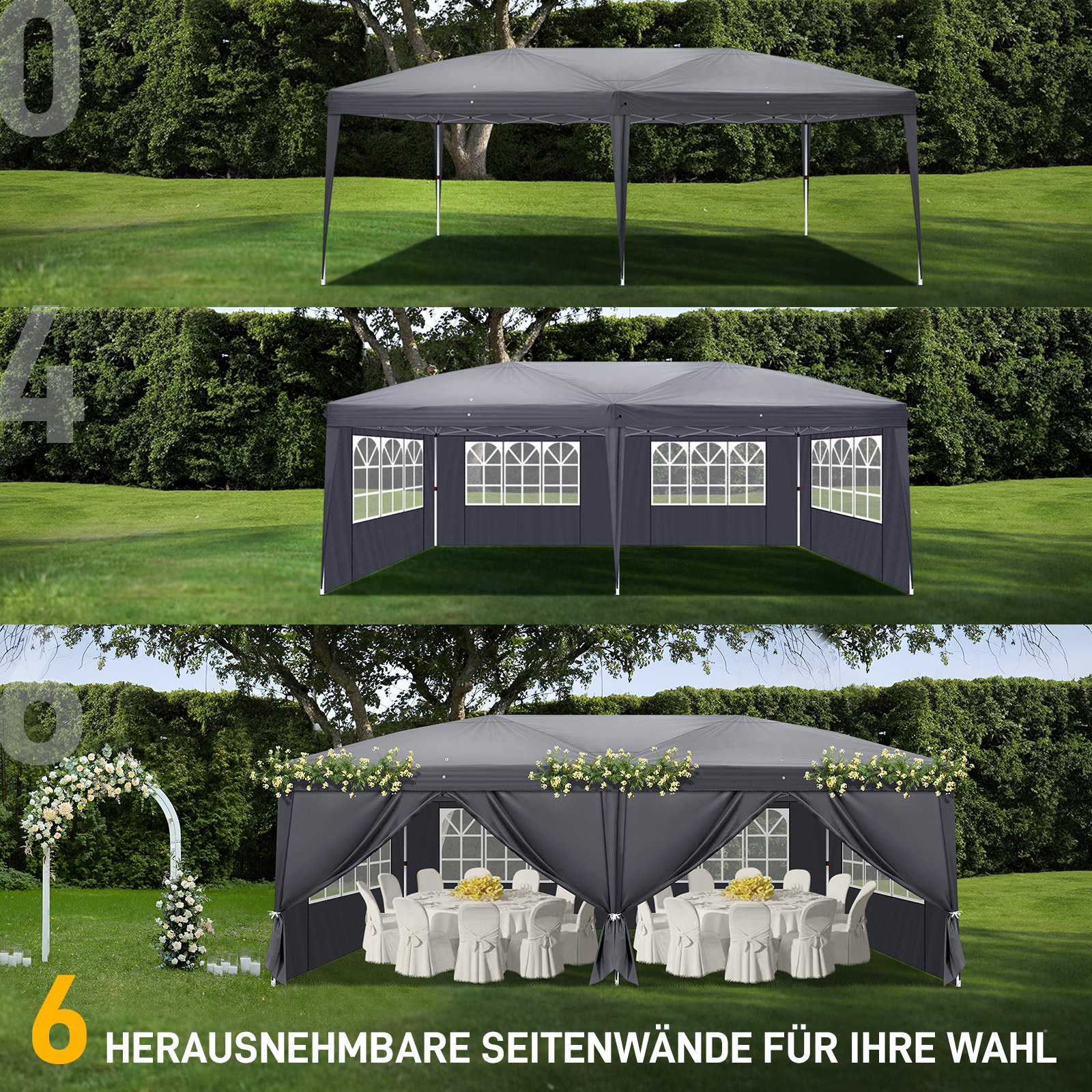 Faltpavillon Gartenpavillon 3x6m Gartenzelt UV-Schutz 50 mit 6 Seitenteilen DE