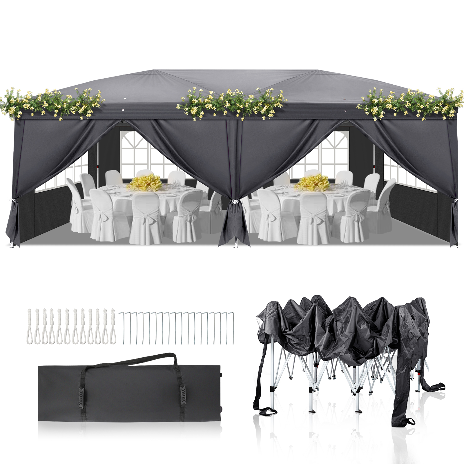 Pavillon Faltpavillon 3x6m Wasserdicht mit 6 Seitenteilen und Fenstern Partyzelt