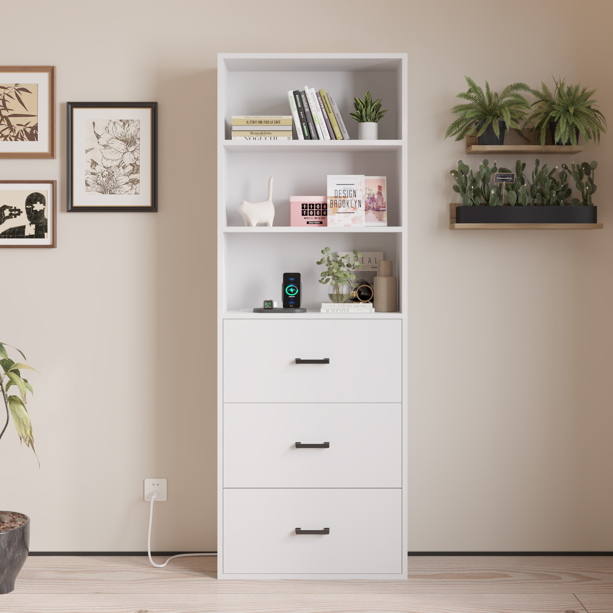 Wood Display Bookcase with USB Power Outlet Storage Cabinet 