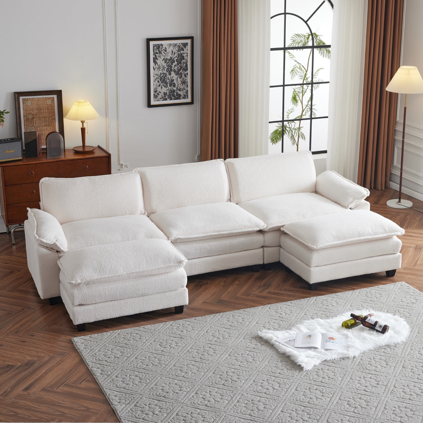 120″ Sectional Sofa U Shaped Couch with Double Chaise Chenille Sleeper Set
